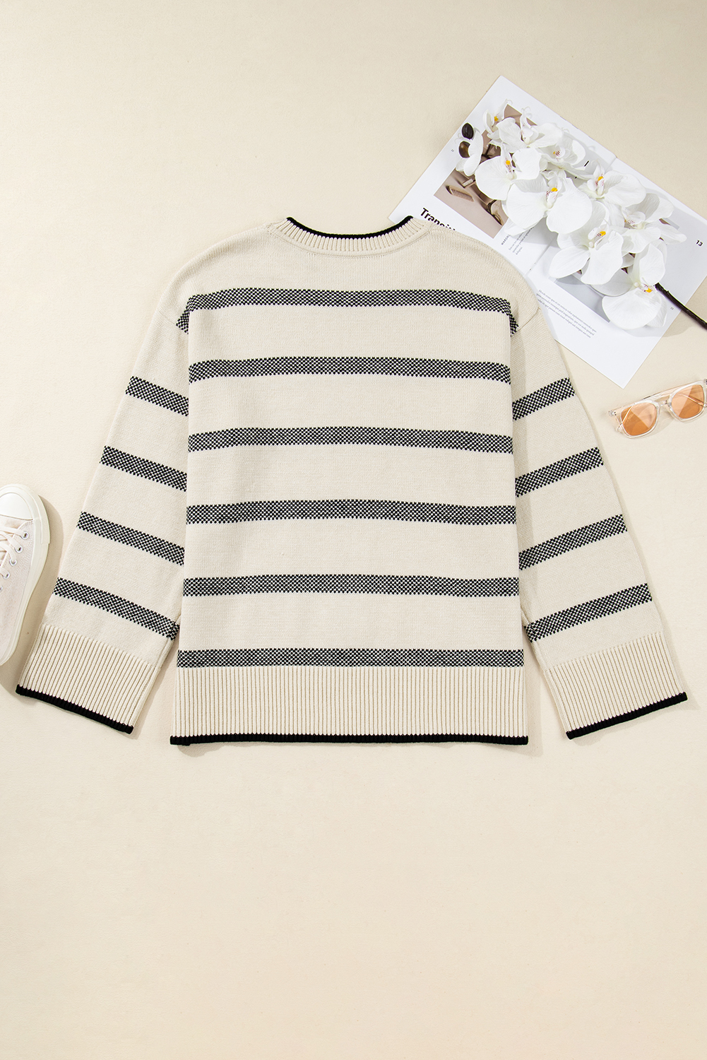 Apricot Stripe Wide Sleeve Drop Shoulder Crew Neck Plus Sweater