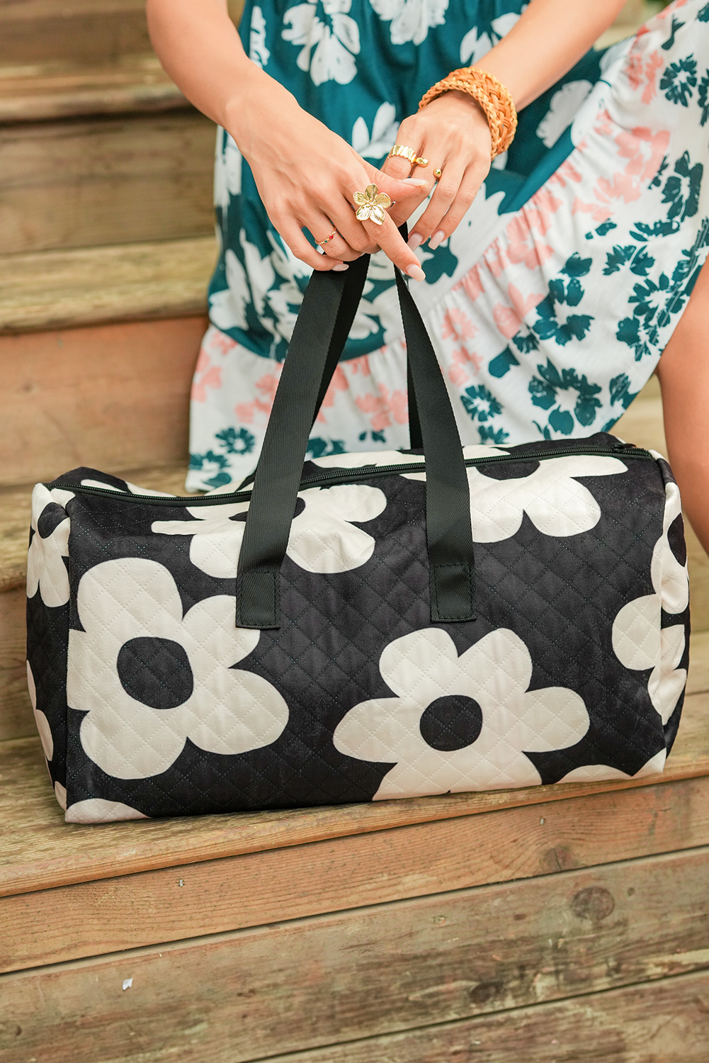 Black Flower Print Quilted Large Duffel Bag