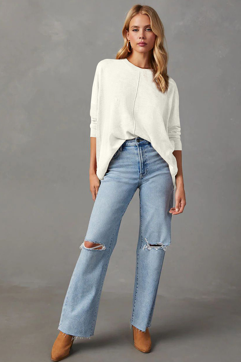 White Front Center Seam Drop Shoulder Pullover Solid Sweater