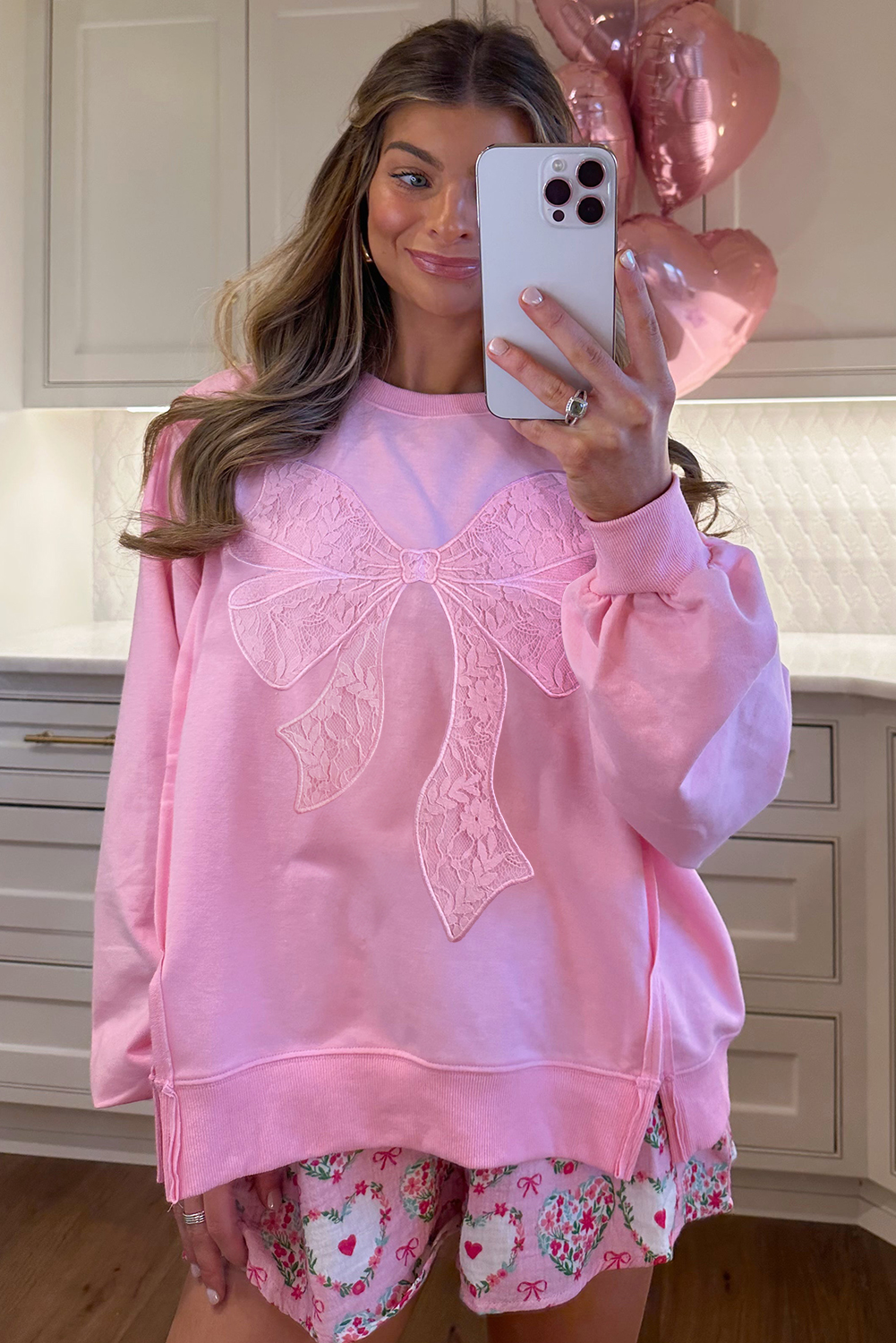 Bonbon Lace Insert Bow Embroidered Exposed Seam Sweatshirt