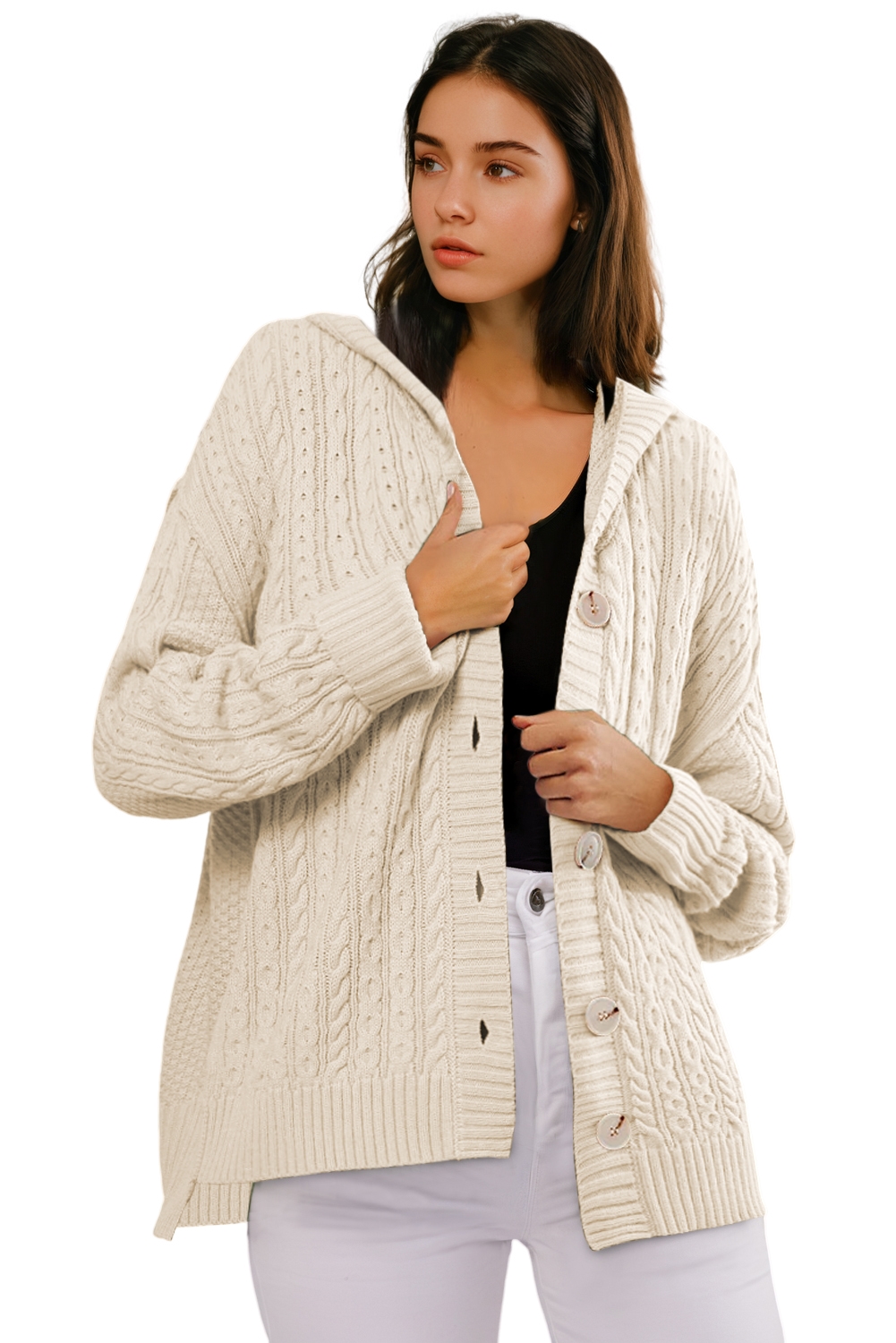 White Cable Knit Texture Uneven Hem Hooded Chic Cardigan