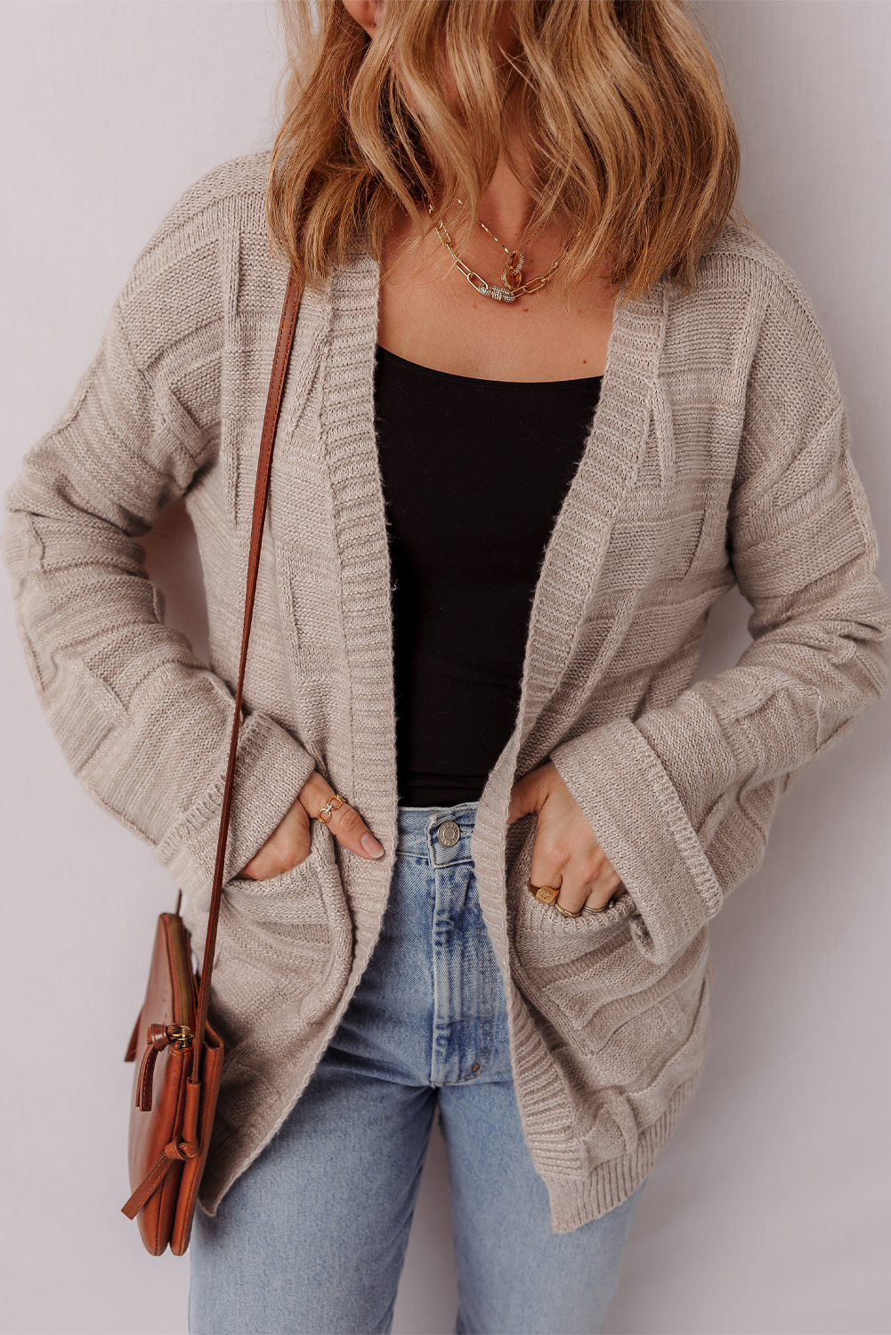 Delicacy Textured Knit Open Front Chic Cardigan with Pockets