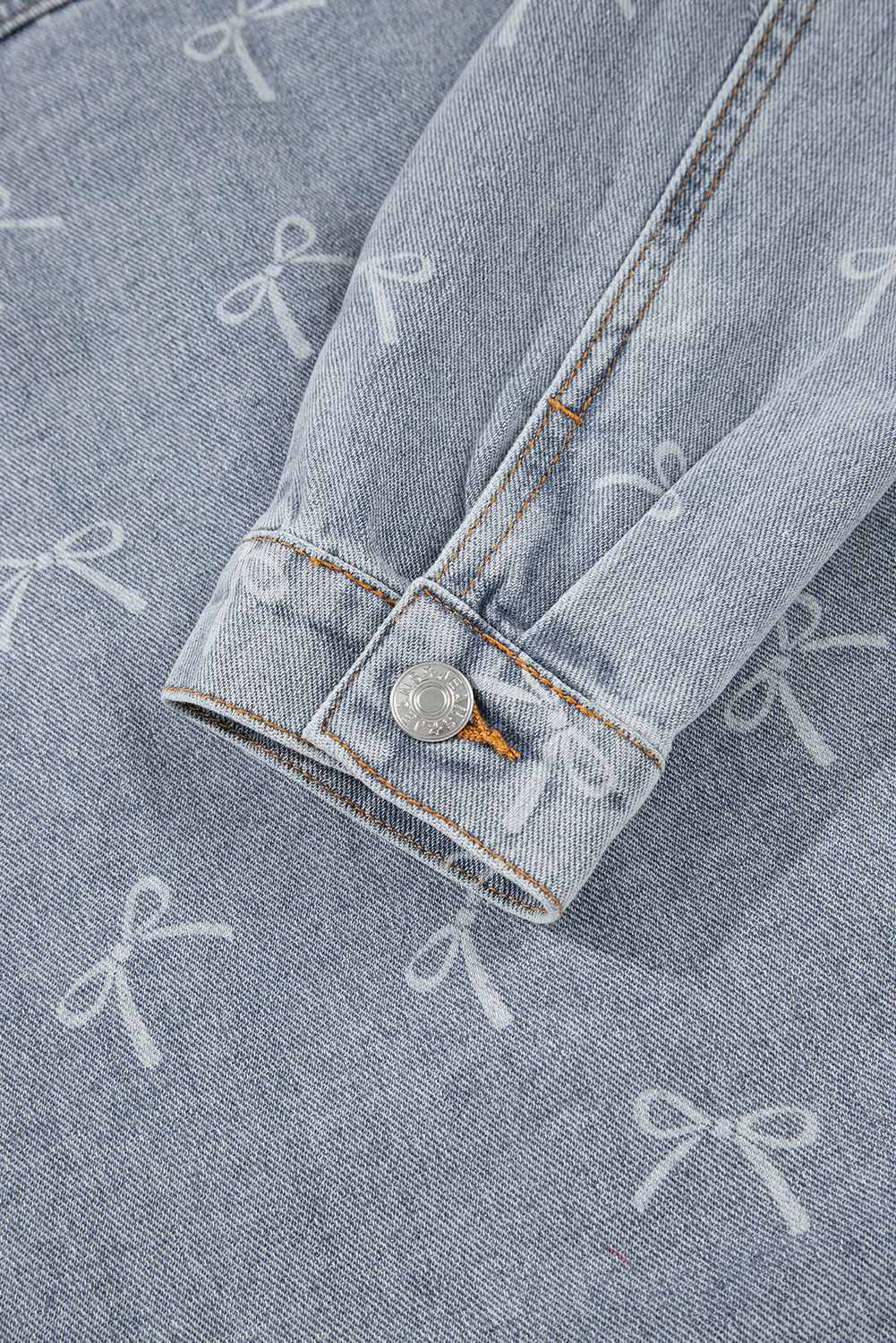 Sky Blue Bow Knot Print Light Wash Raw Hem Denim Jacket