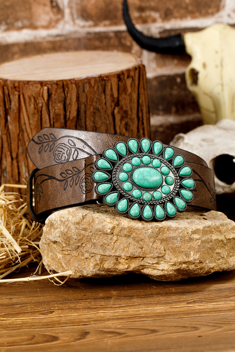 Chestnut Turquoise Gem Stone Western Fashion Faux Leather Belt