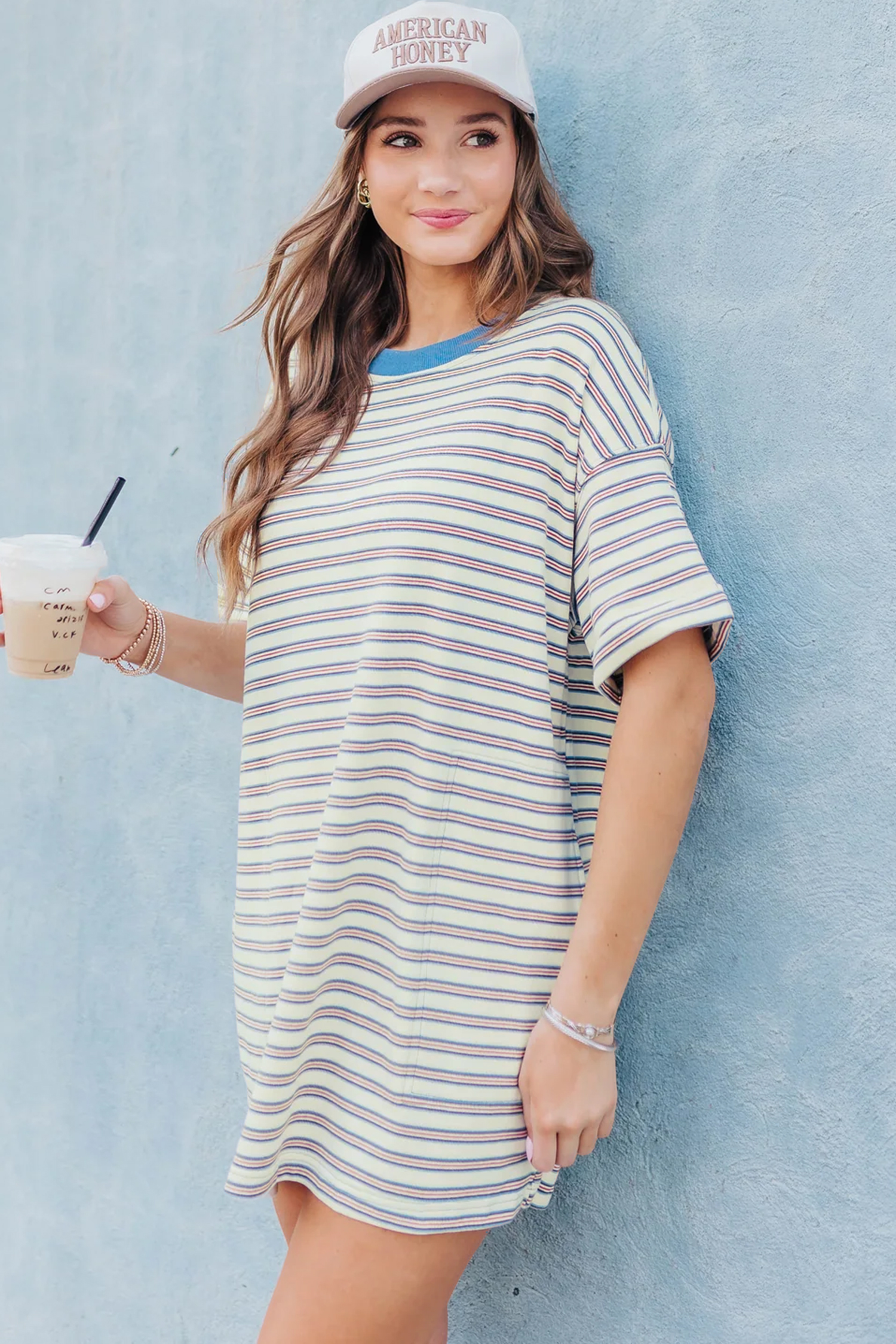 White Stripe Drop Shoulder Cuffed Sleeve Loose Tunic T Shirt Mini Dress