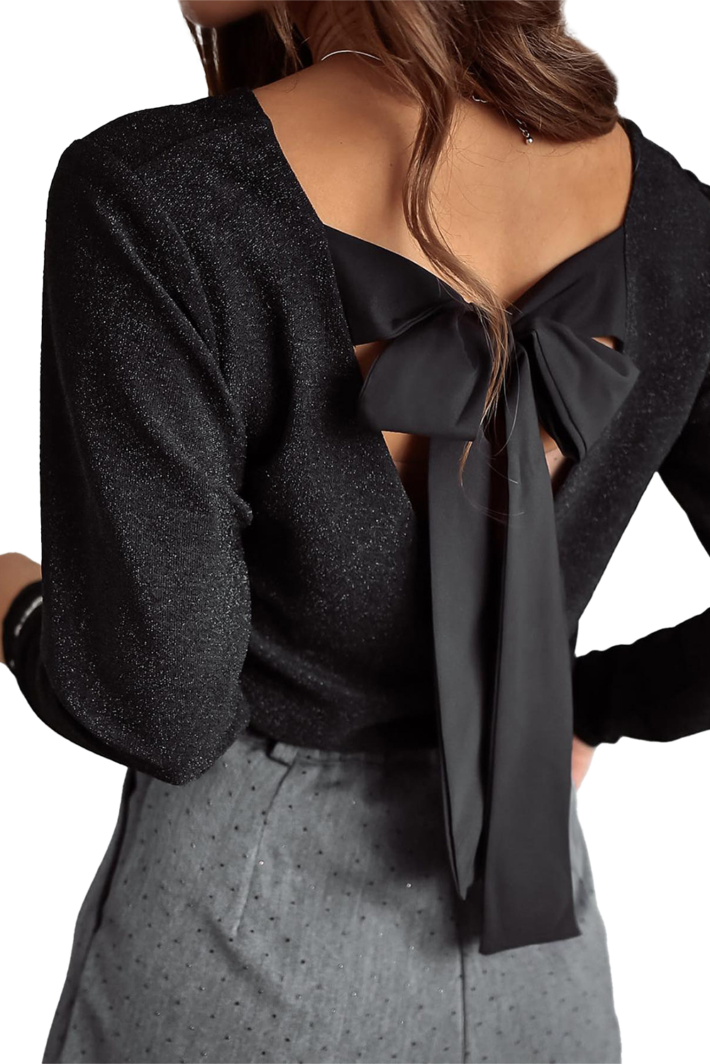 Red Metallic Bowknot Open Back V Neck Top