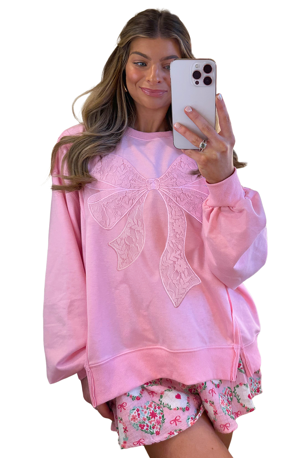 Bonbon Lace Insert Bow Embroidered Exposed Seam Sweatshirt
