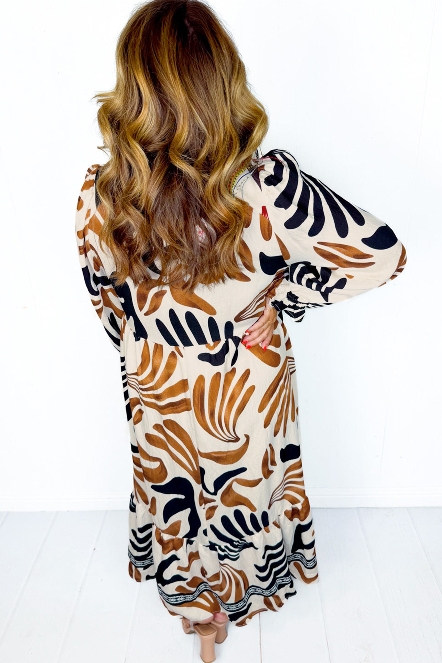 Brown Tropical Printed Contrast Trim Neck Long Sleeve Ruffle Hem Dress