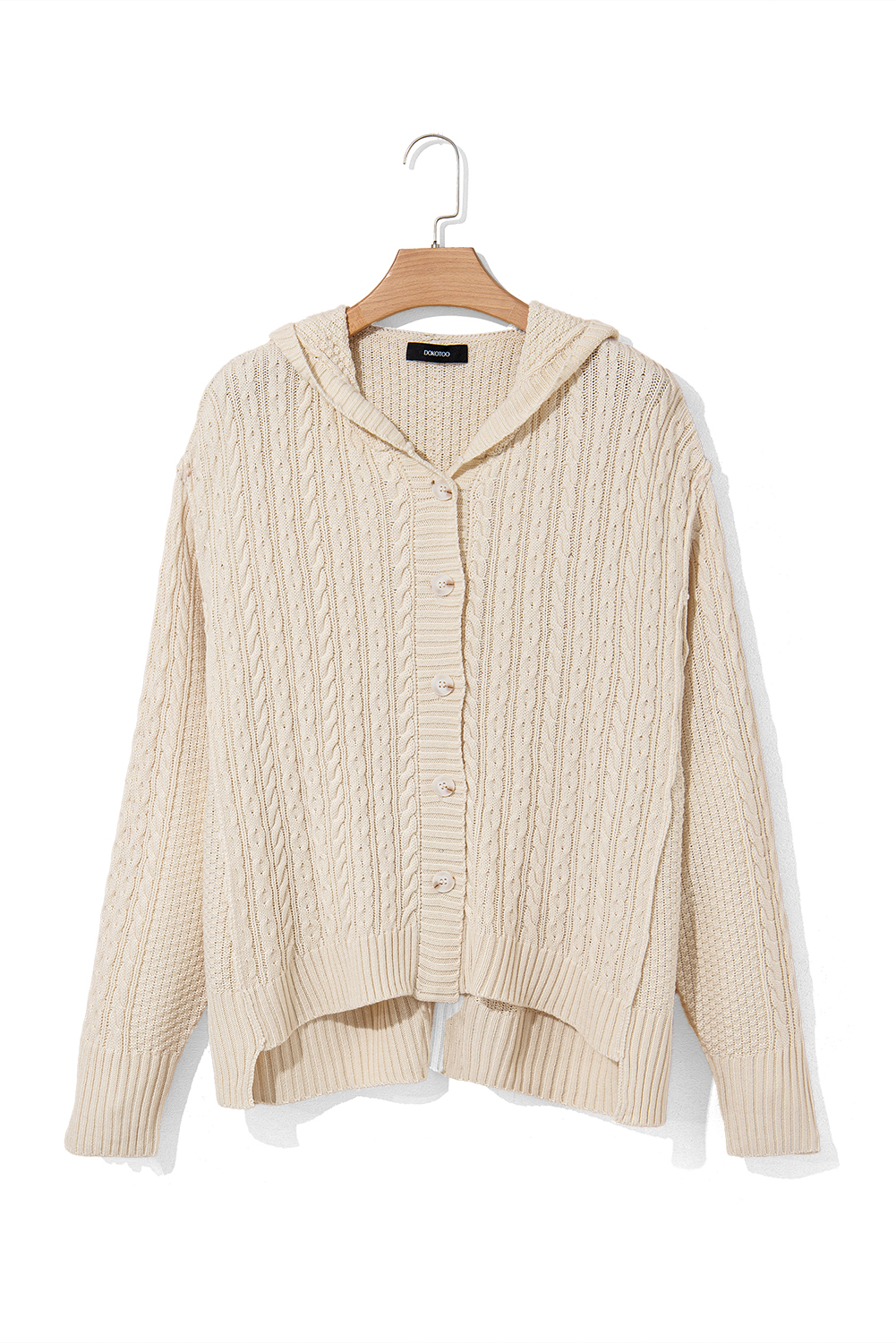 White Cable Knit Texture Uneven Hem Hooded Chic Cardigan