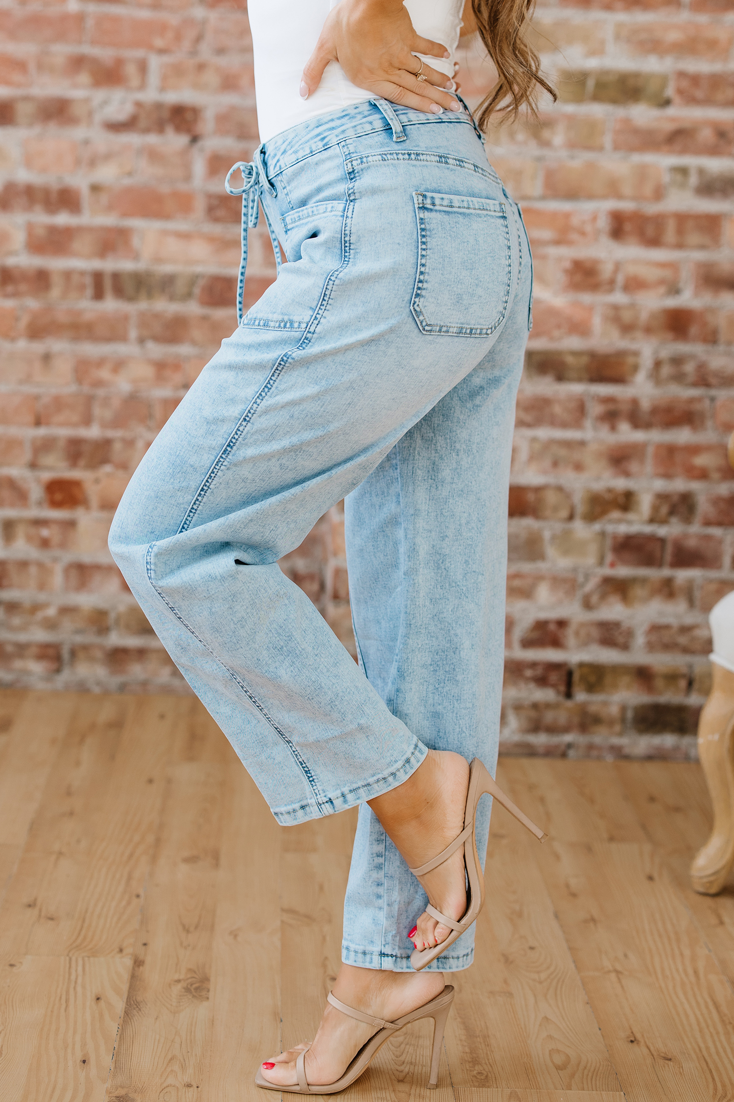 Myosotis Exposed Stitch Detail Drawstring Barrel Jeans