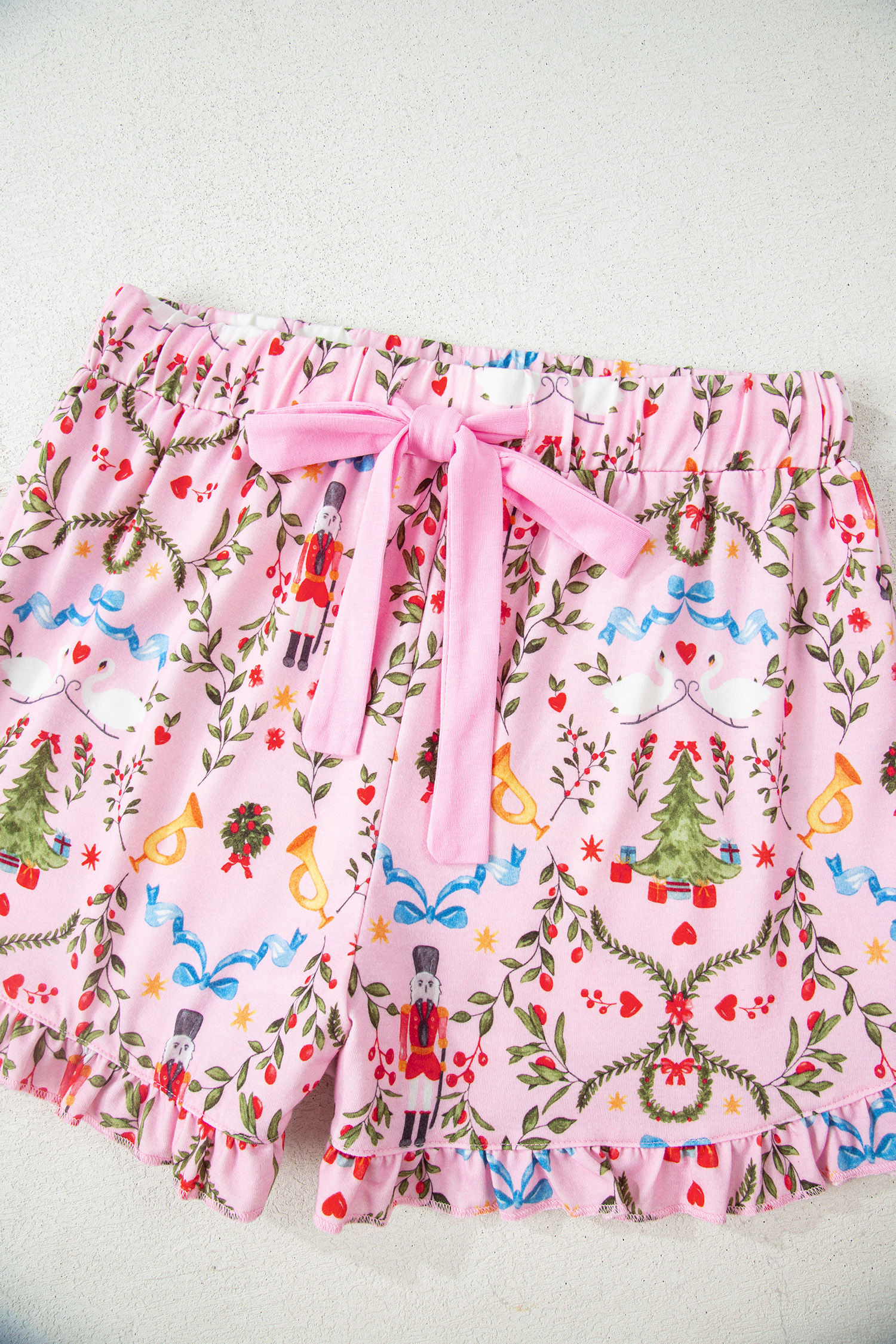 Pink Nutcracker Doll Christmas Print Ribbon Tie Waist Short 2pcs Pajama Set