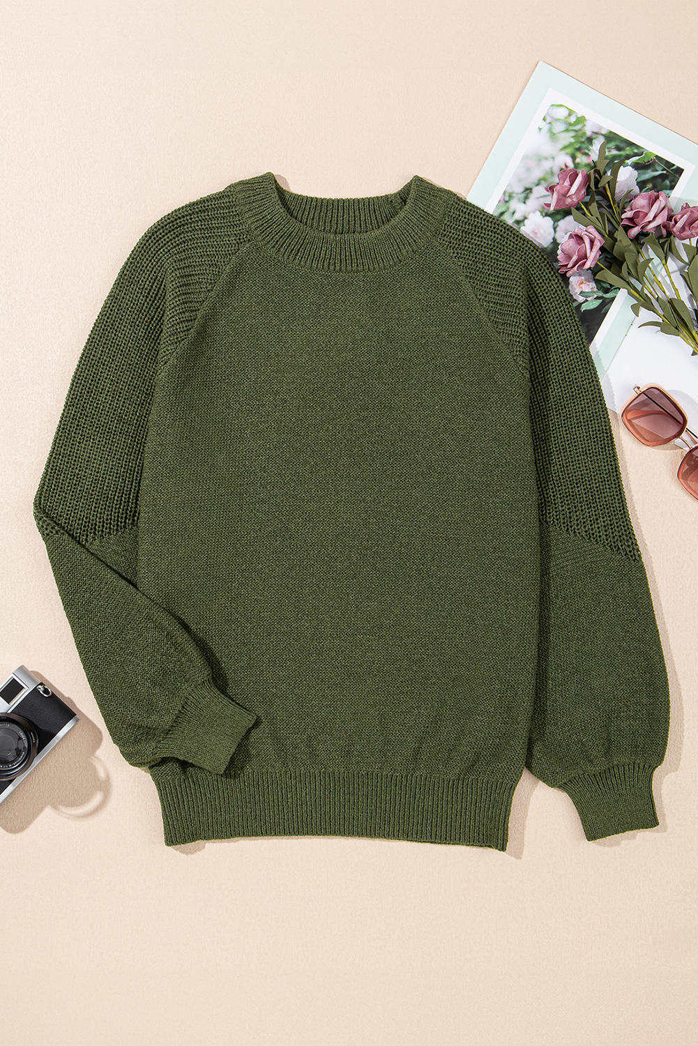 Vineyard Green Chunky Knit Raglan Sleeve Pullover Sweater