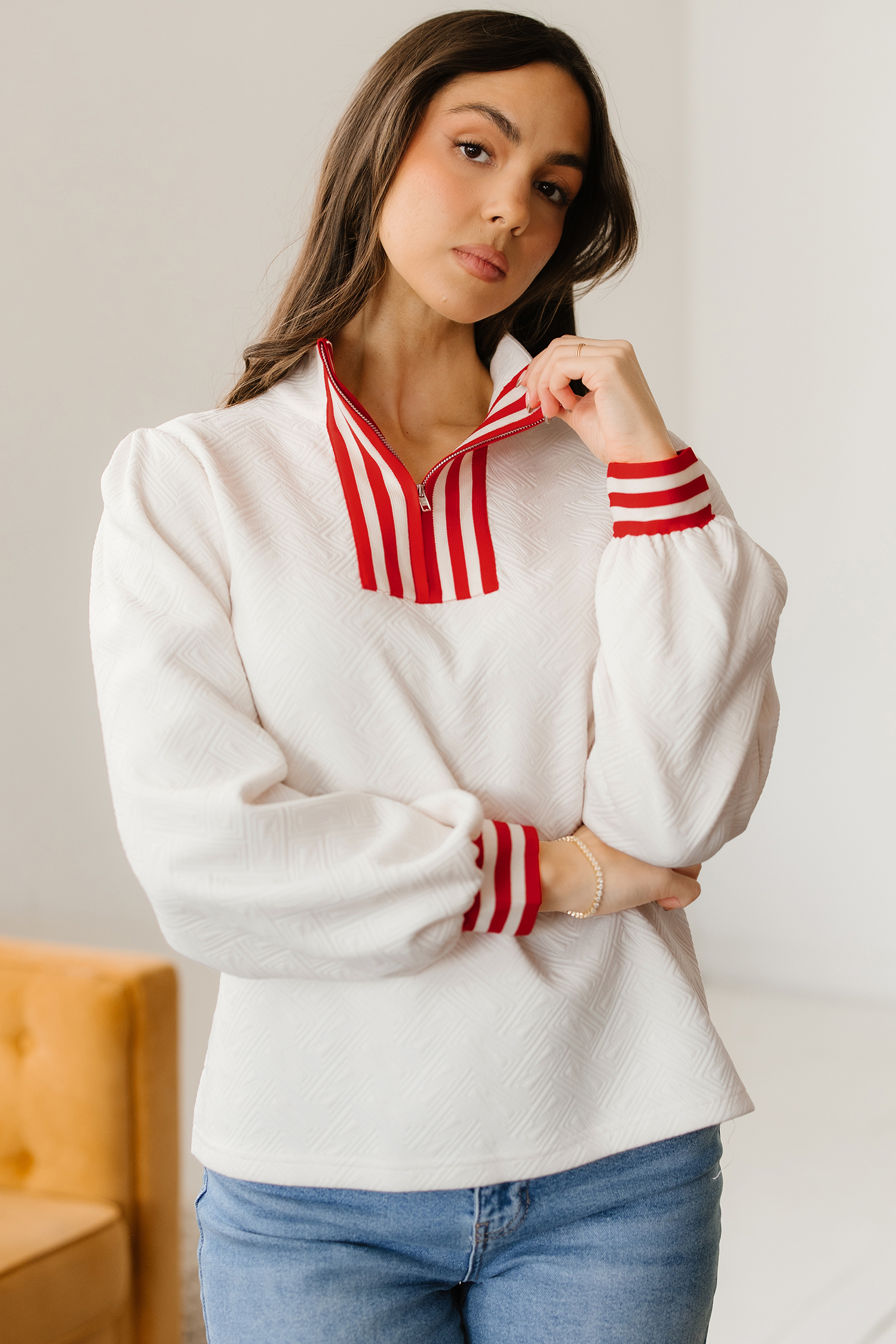 White Textured Knit Contrast Striped Accent Zipped Collar Pullover Top