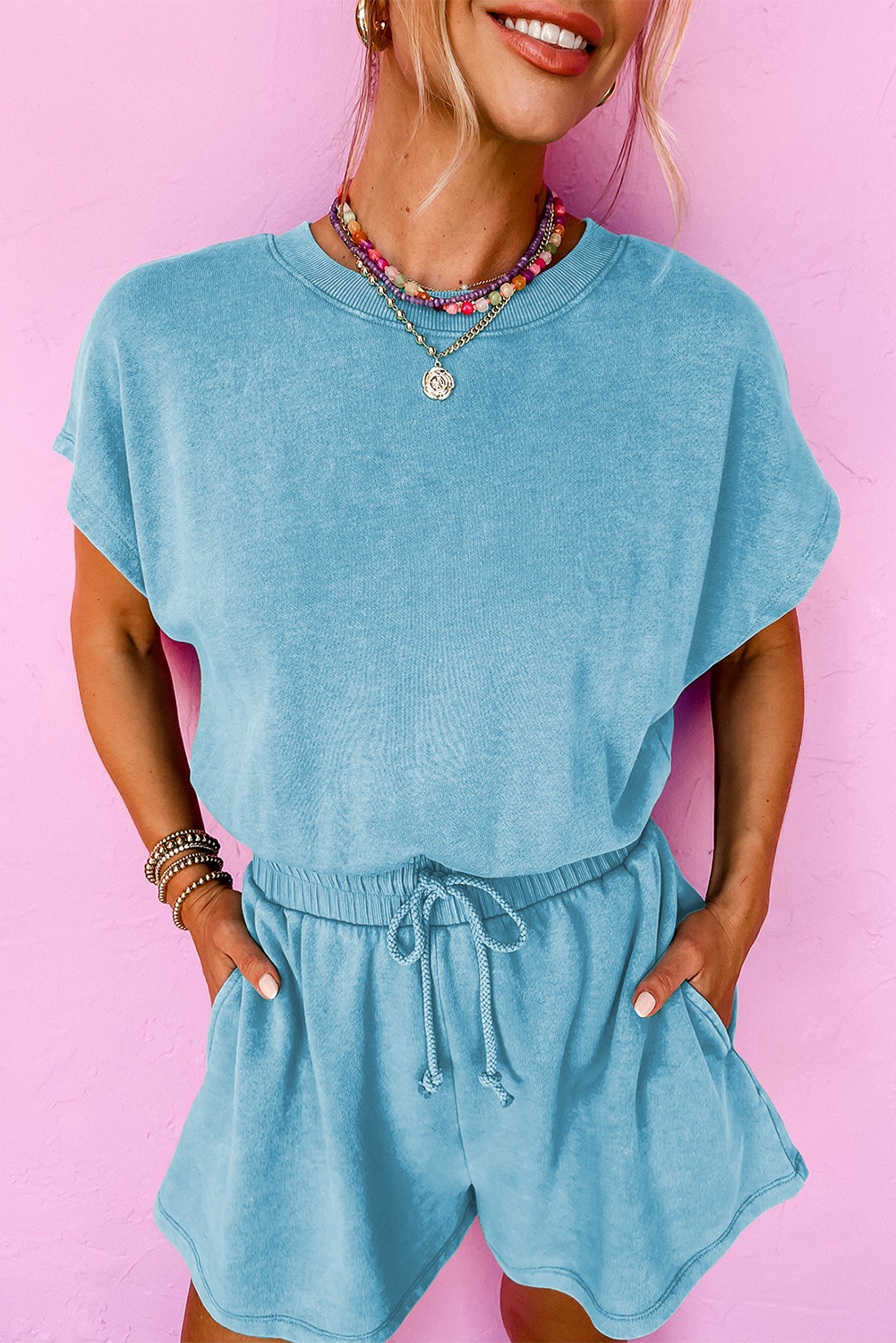 Mist Blue Mineral Wash Drawstring Elastic Waistband Hollow Out Back Short Sleeve Romper