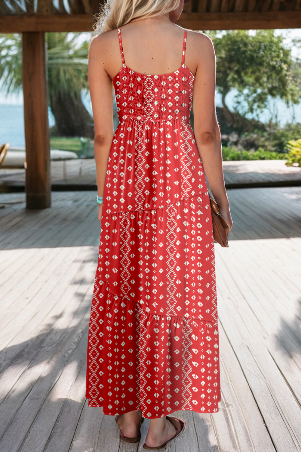 Red Boho Fashion Print Spaghetti Straps Drawstring Maxi Dress