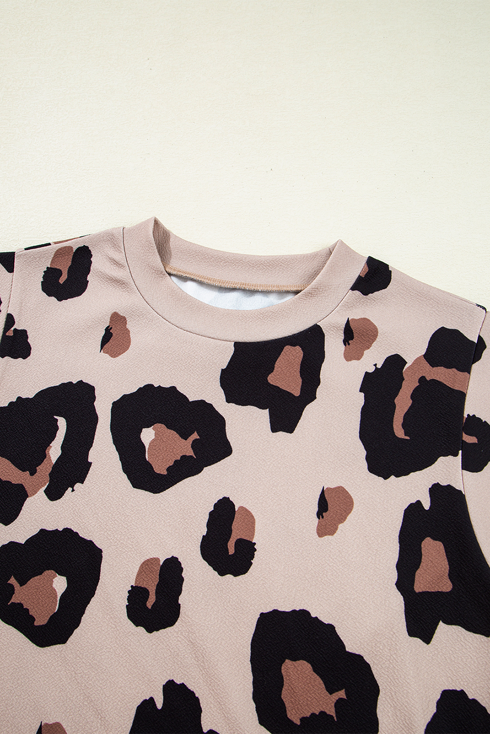 Khaki Leopard Crew Neck Cap Sleeve Casual Tee