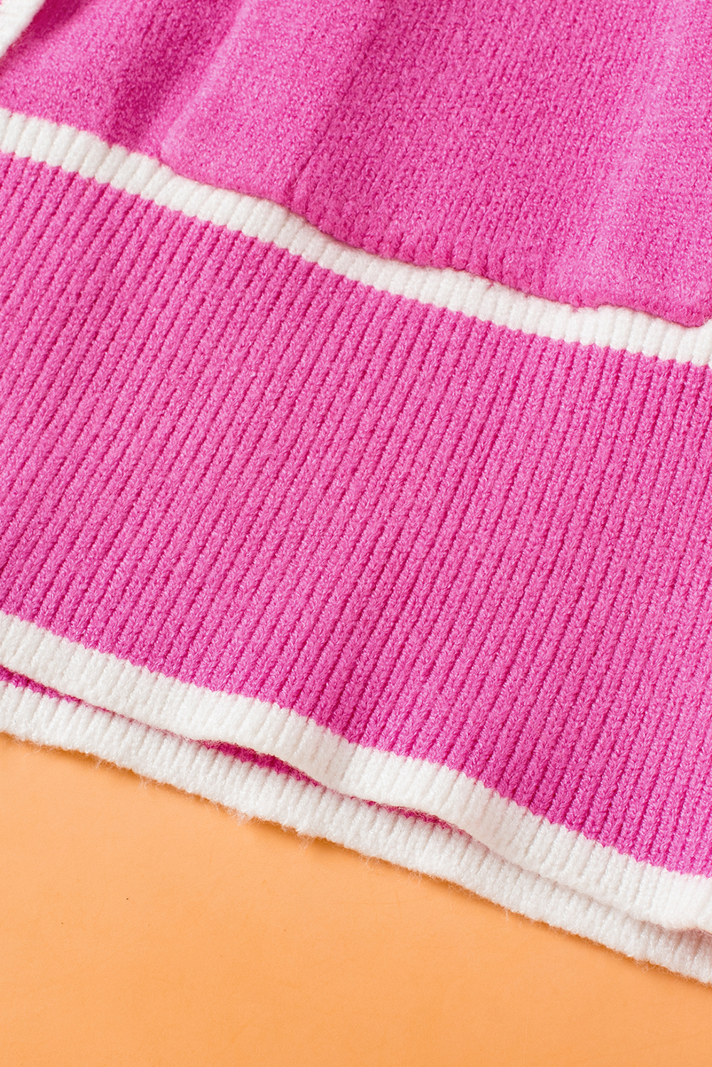 Bright Pink Color Contrast Side Pockets Button V Neck Cardigan