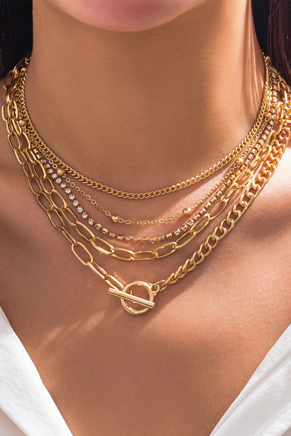 Silvery 5pcs Layered Rhinestone Plated Chain Collarbone Necklaces Set