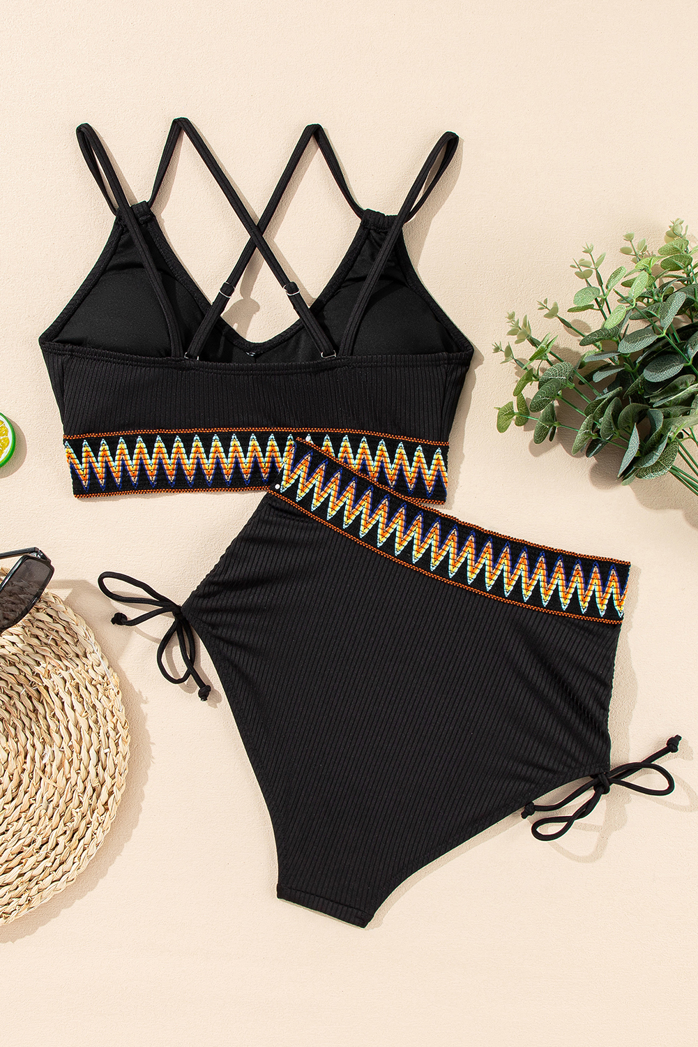 Sky Blue Ribbed Knit Tribal Contrast Detail 2pcs High Waist Swimsuit