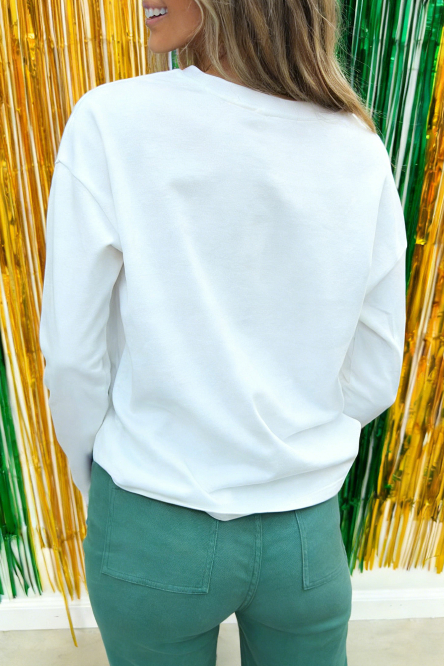 White LUCKY Clover Embroidered Long Sleeve Top