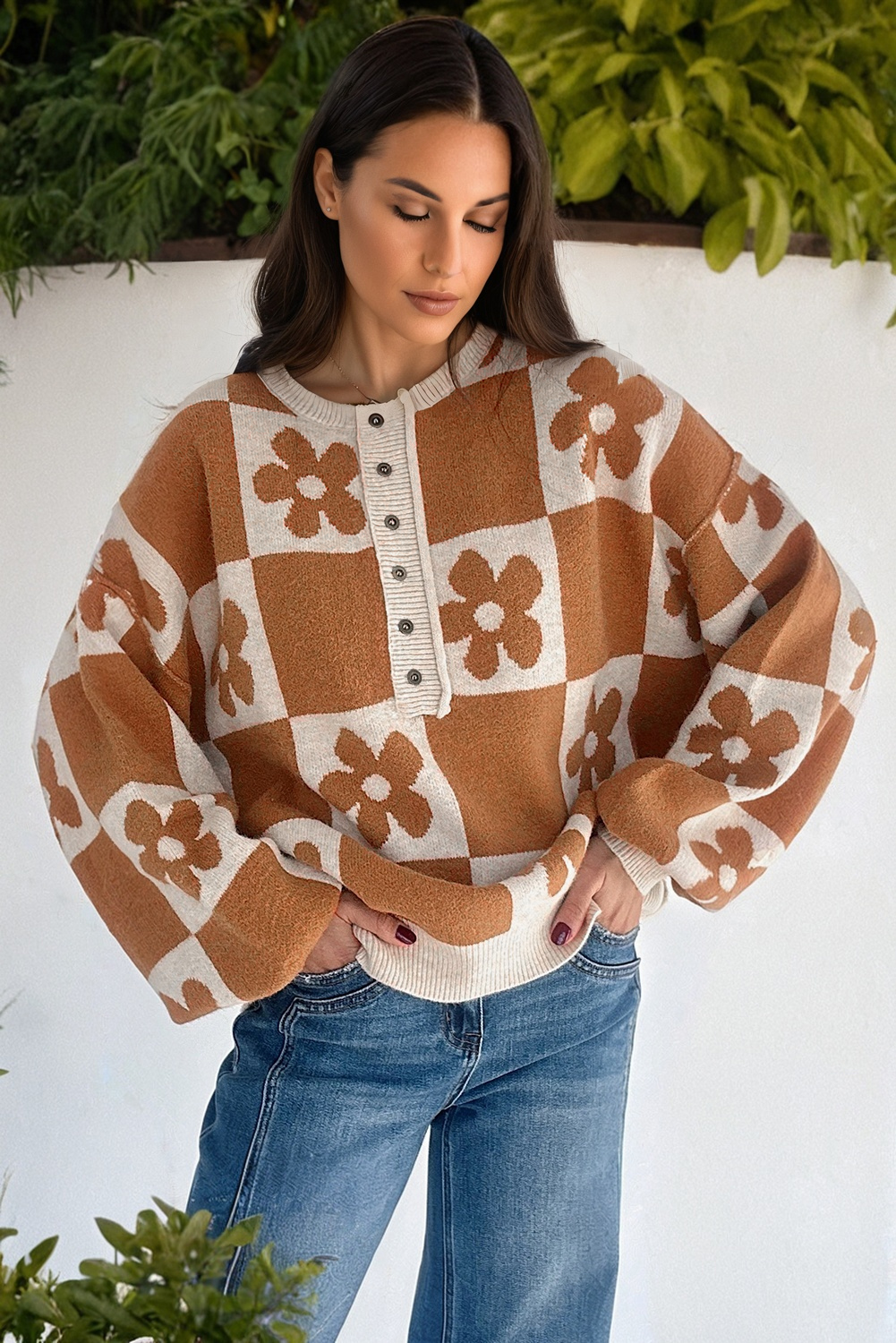Black Flower Plaid Henley Baggy Sweater