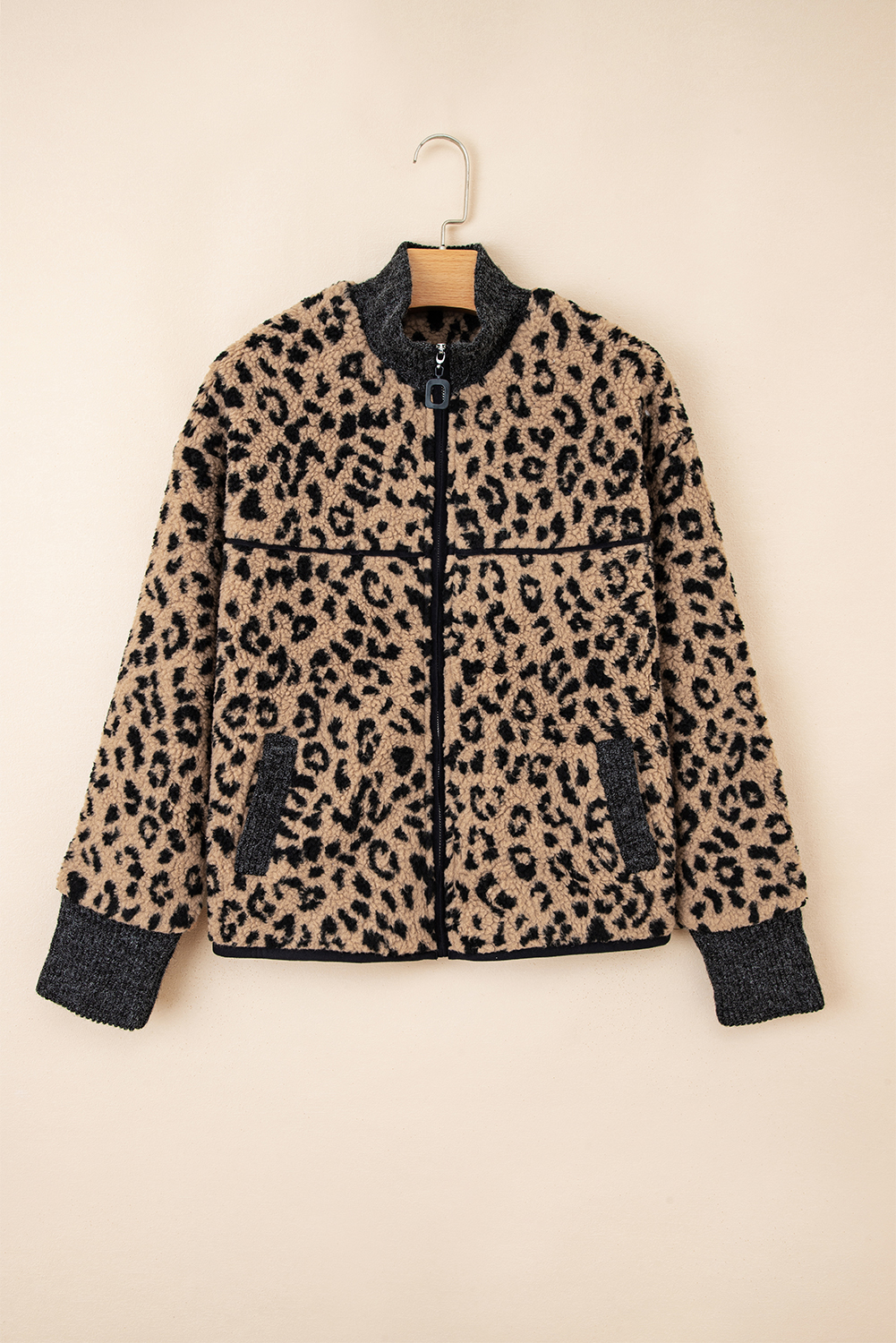 Khaki Leopard Print Zip Up Stand Neck Side Pocket Jacket