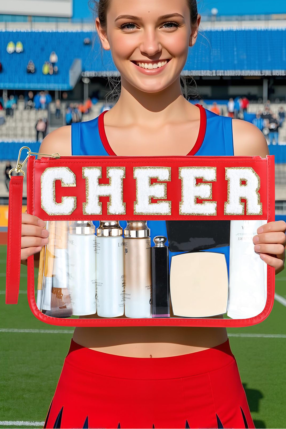 Fiery Red CHEER Chenille Letter PU Leather Patchwork Clear Makeup Bag