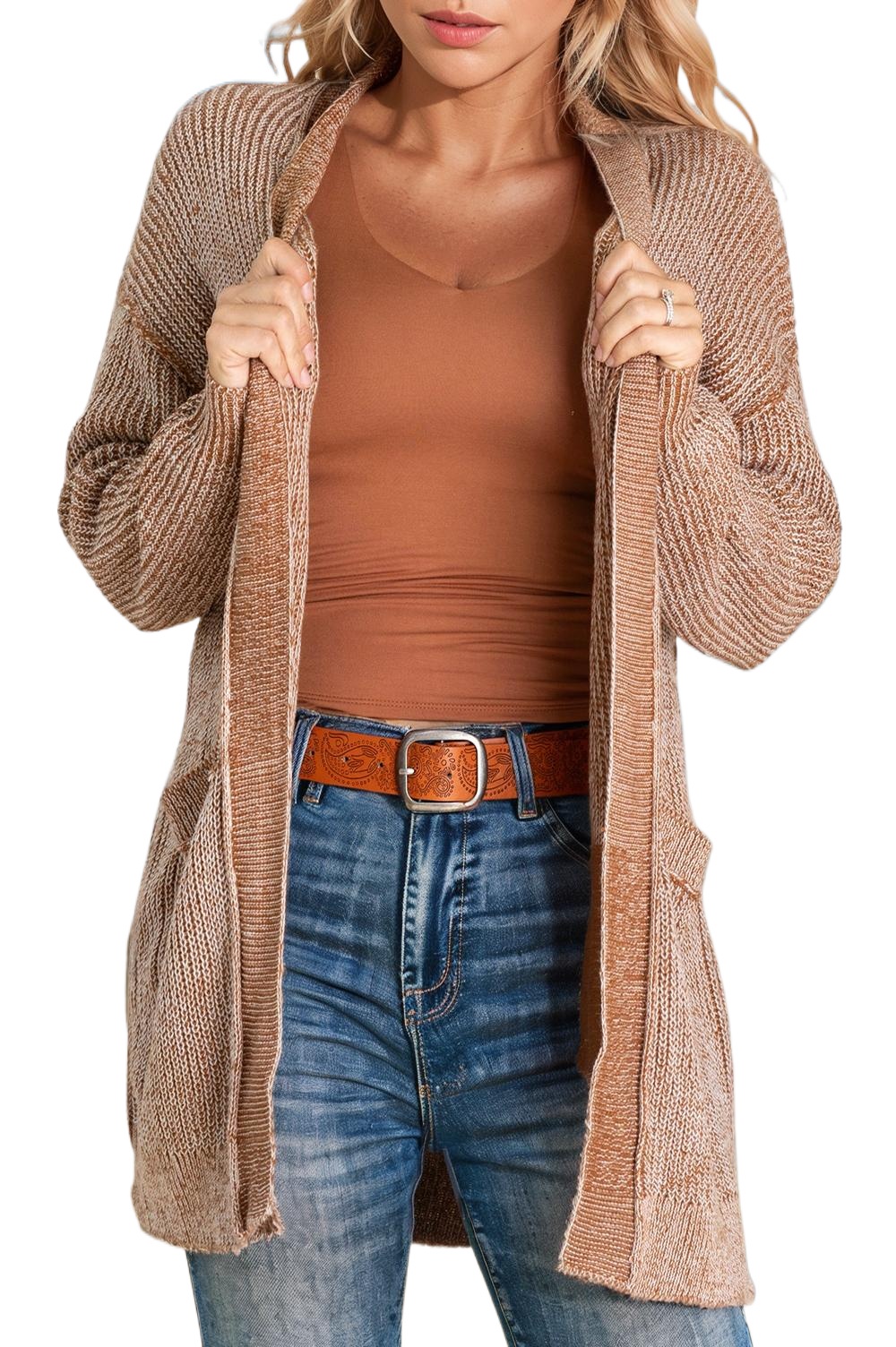 Straw Yellow Solid Open Knit Cardigan with Pockets
