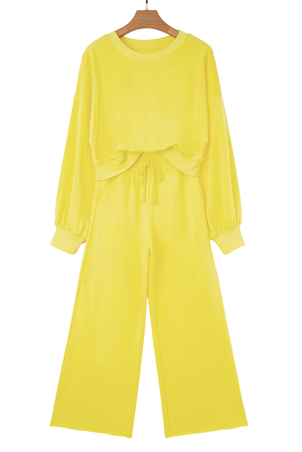 Bright Green Drop Shoulder Puff Sleeve Crop Pullover Drawstring Wide Leg Pants Set
