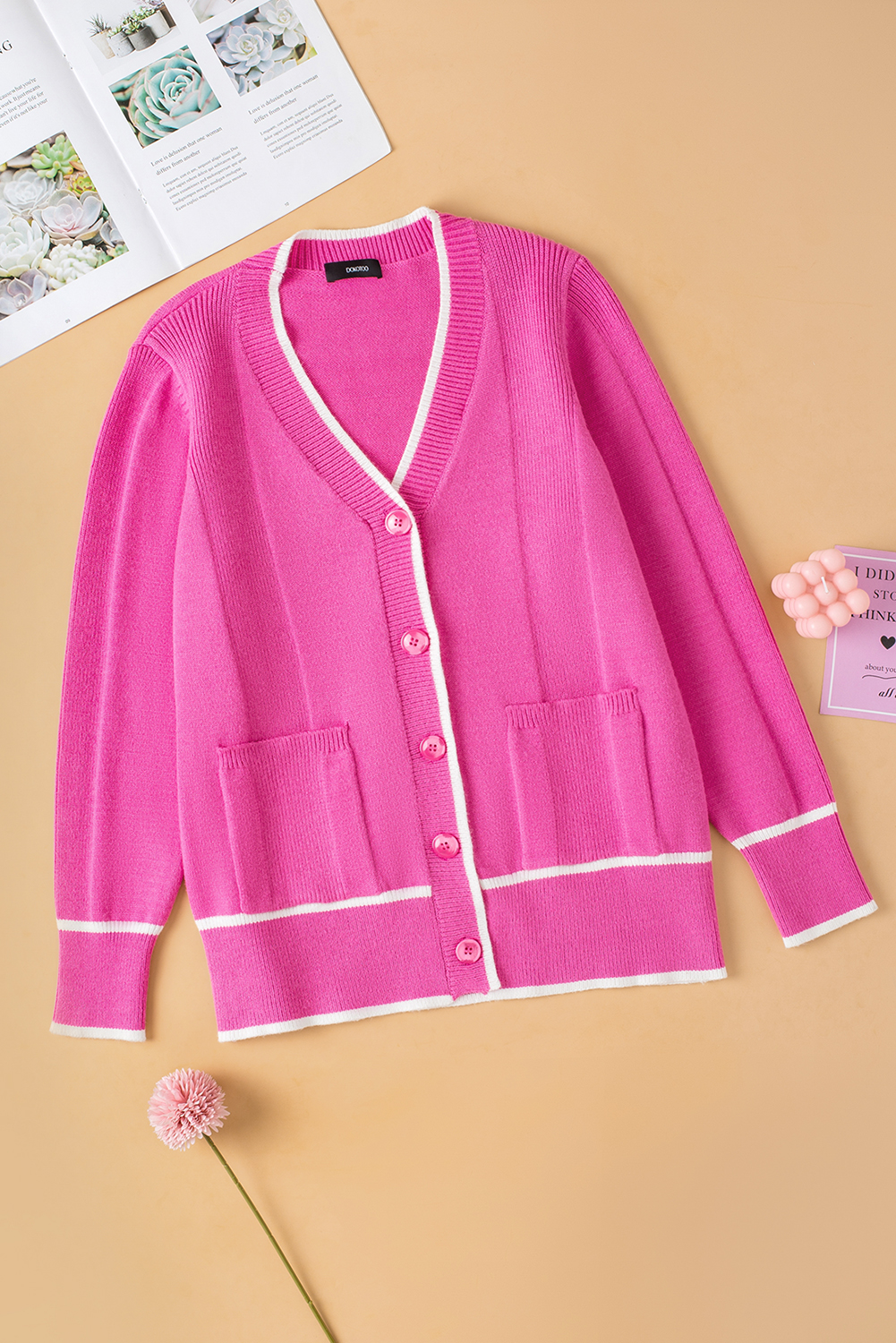 Bright Pink Color Contrast Side Pockets Button V Neck Cardigan