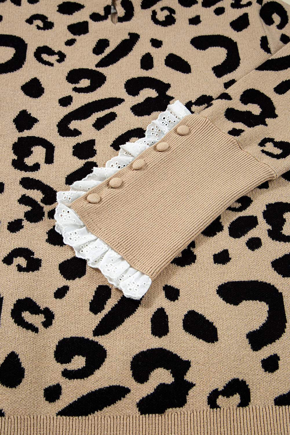 Dearlovers Brown Leopard Pattern Lace Ribbed Detail Button Cuffed Sweater