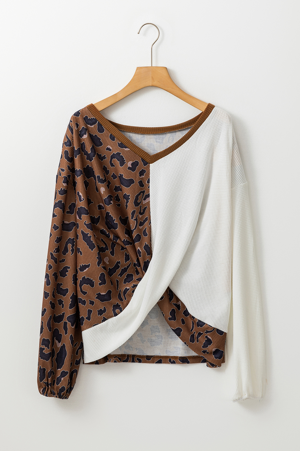 Brown Leopard Contrast Waffle Knit Twist Hem V Neck Top