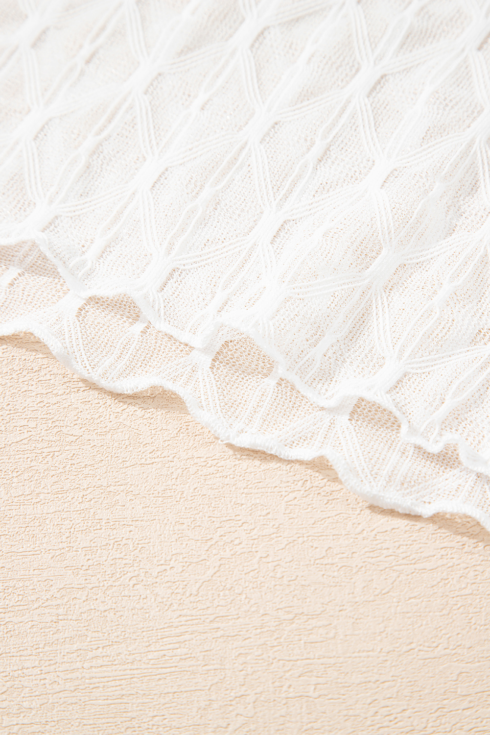 Coffee Sheer Mesh Patterned Lettuce Trim Slim Long Sleeve Top