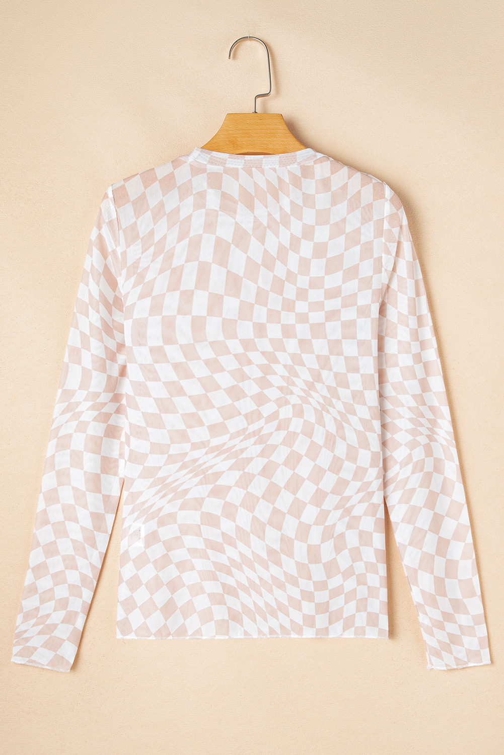 Khaki Checkered Pattern Mesh Mock Neck Long Sleeve Top