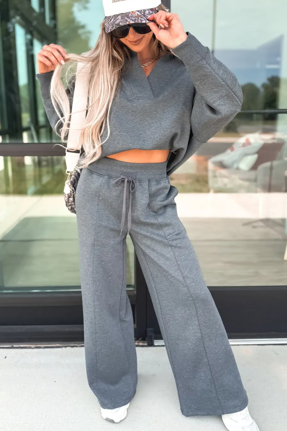 Bristol Black Collared V Neck Pullover Sweatshirt Sweatpants Set