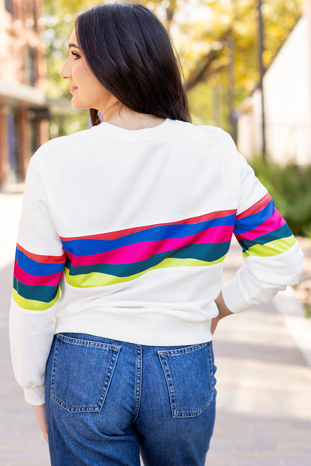White Plus Size Colorful Striped Drop Shoulder Loose Sweatshirt