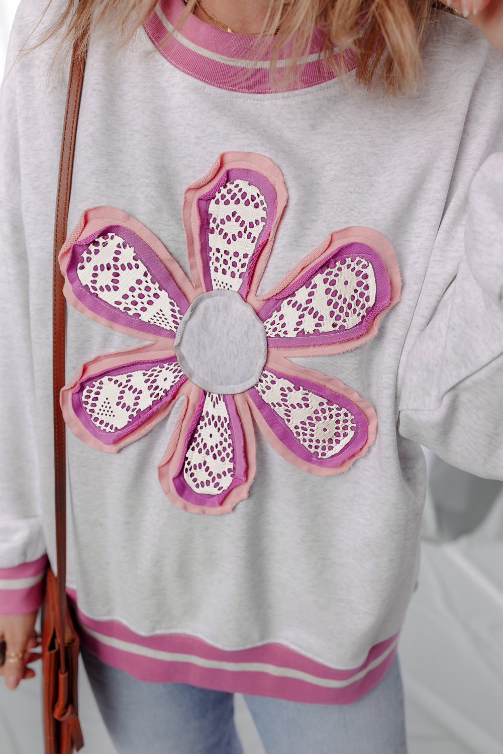 Gray Flower Patch Contrast Trim Crew Neck Sweatshirt