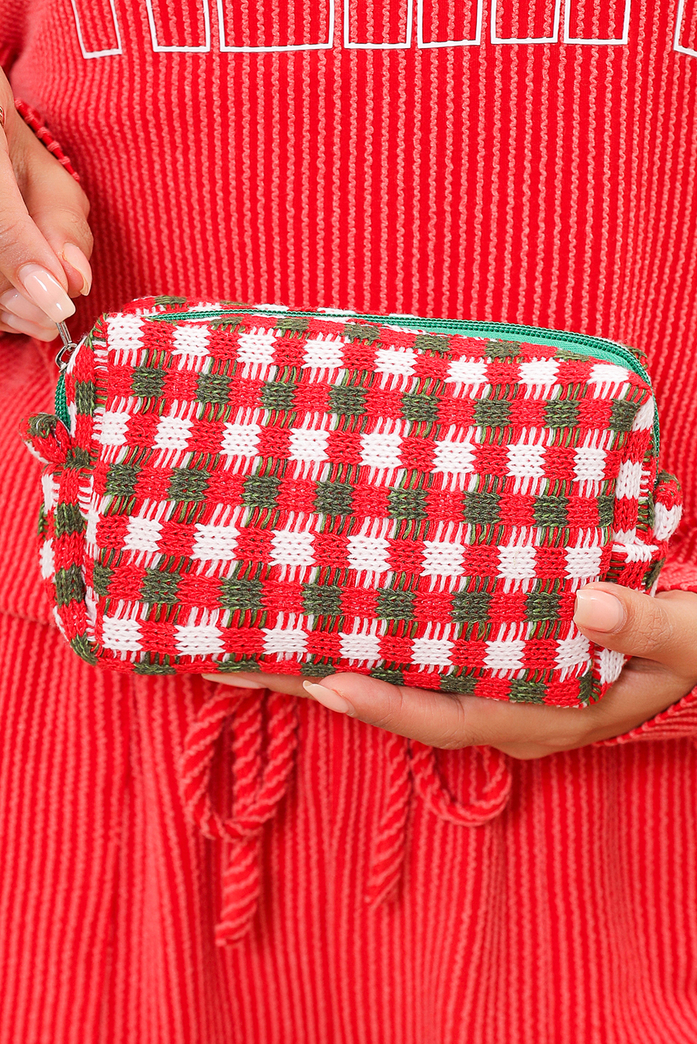 Racing Red Christmas Style Crochet Zipper Square Makeup Bag
