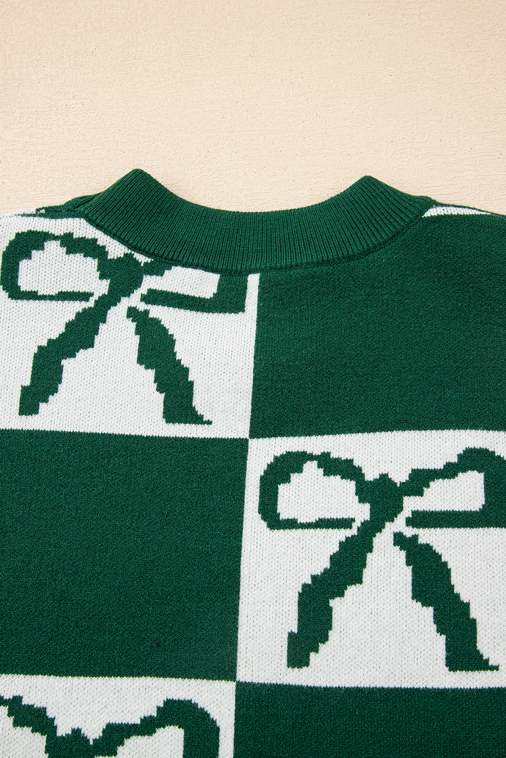 Blackish Green Checkered Bow Print Casual Sweater