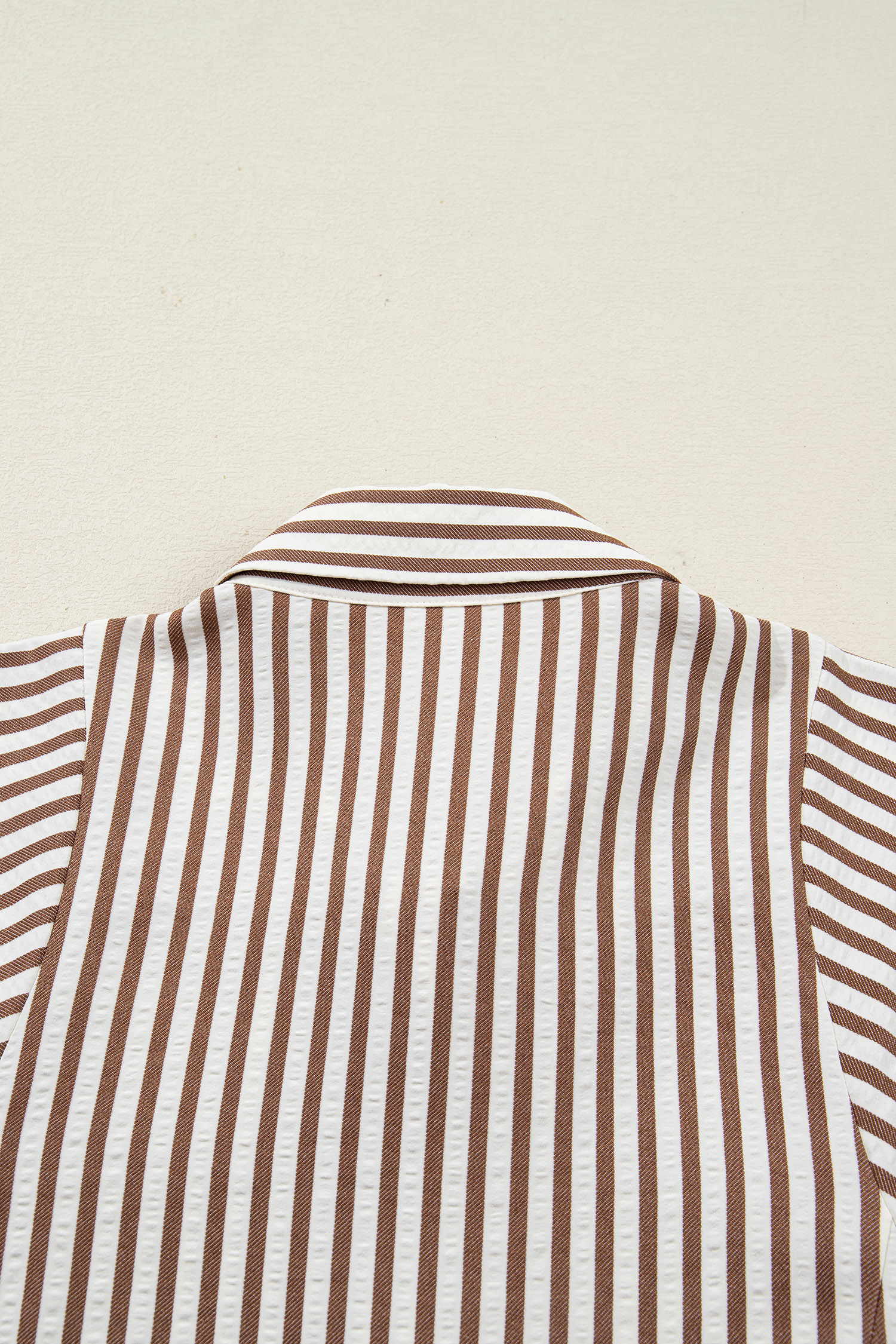 Brown Stripe Knot Waist Puff Sleeve Button Down Mini Shirt Dress