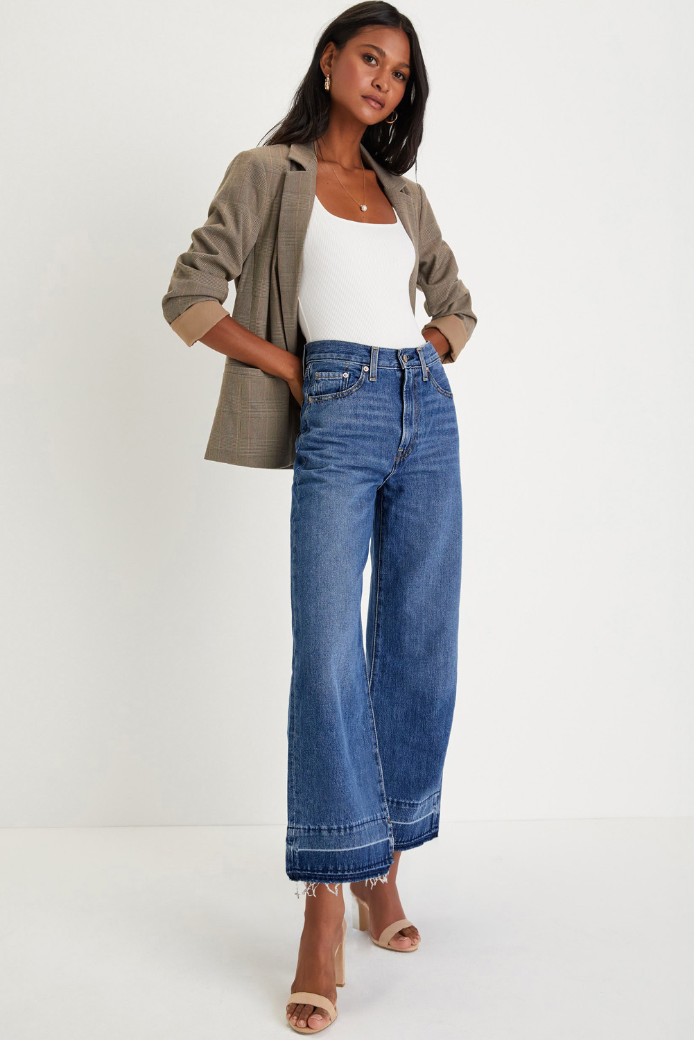 Gray Raw Hem Straight Leg Loose High Waist Jeans