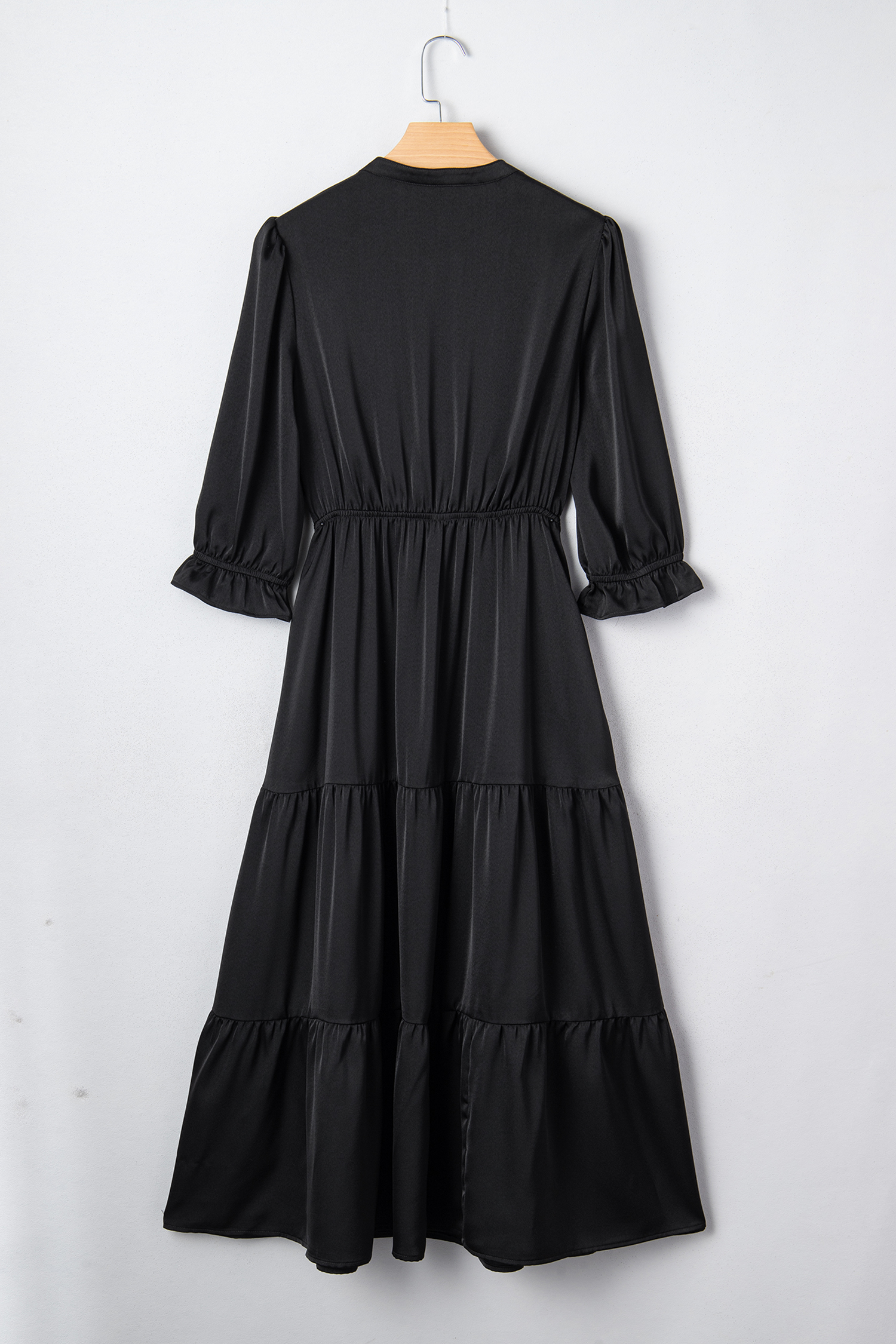 Black Flounced Bracelet Sleeve V Neck Tiered Maxi Dress