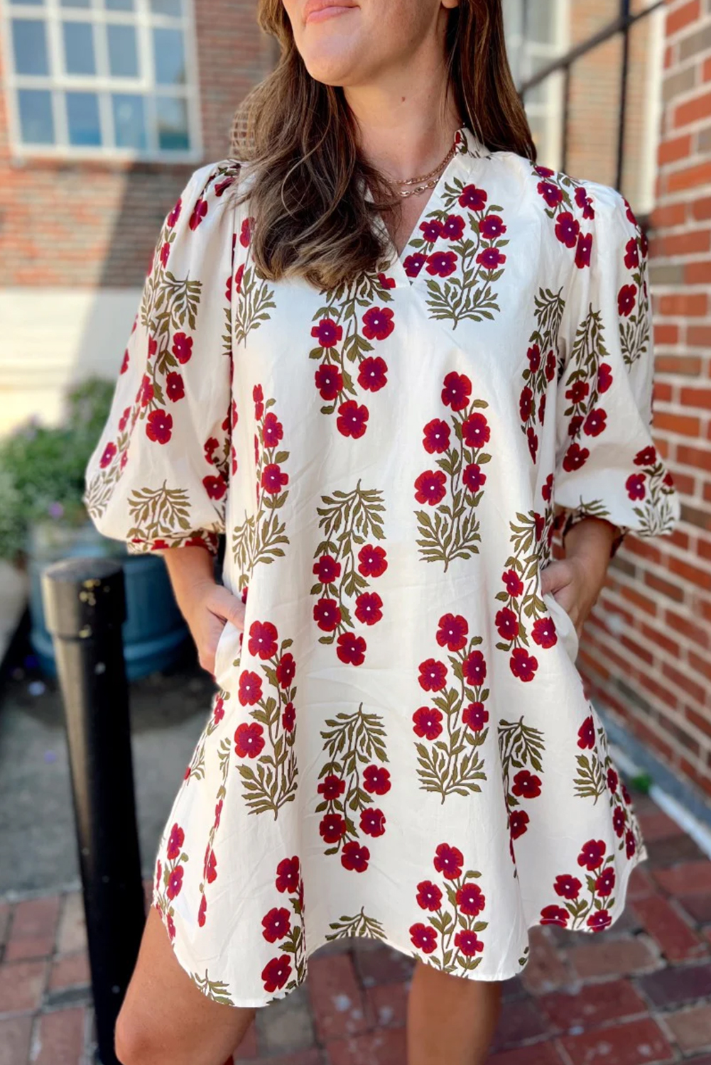 White Floral Print V Neck 3/4 Sleeve Loose Mini Dress