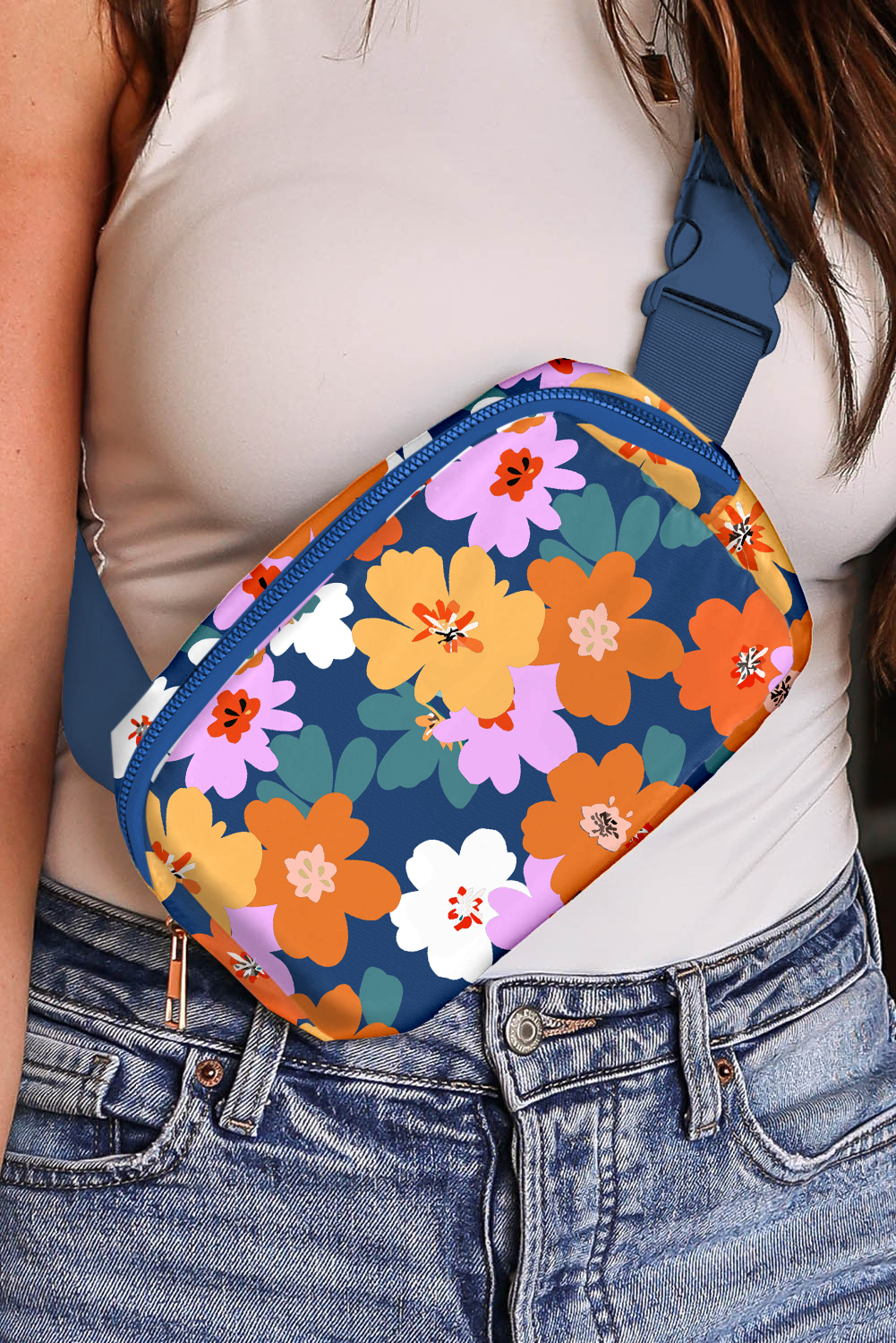 Sail Blue Flower Print Zipper Buckle Wide Strap Sling Bag