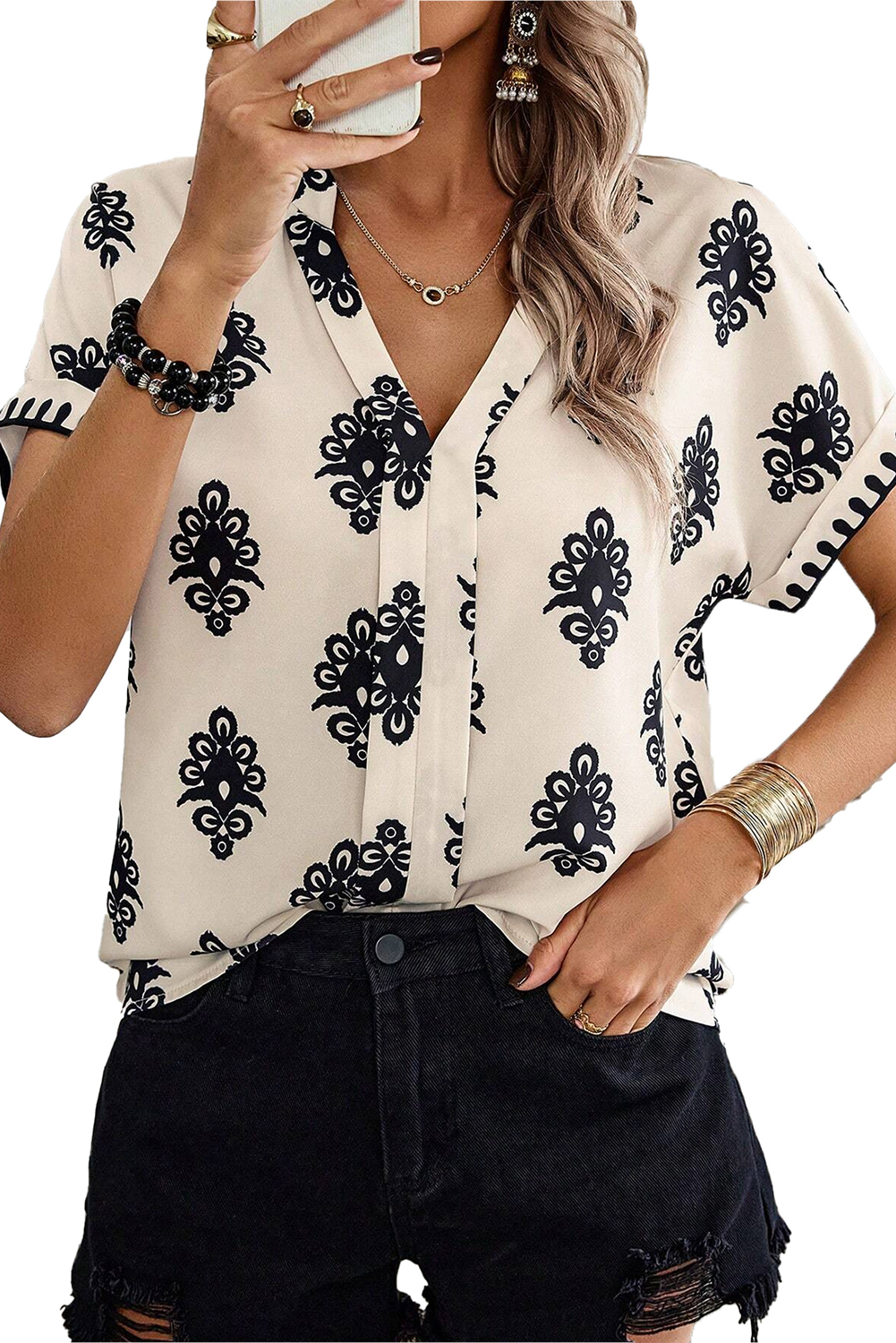 Beige Geometric Printed Sleeveless Hollowed Bowknot Back Mini Dress