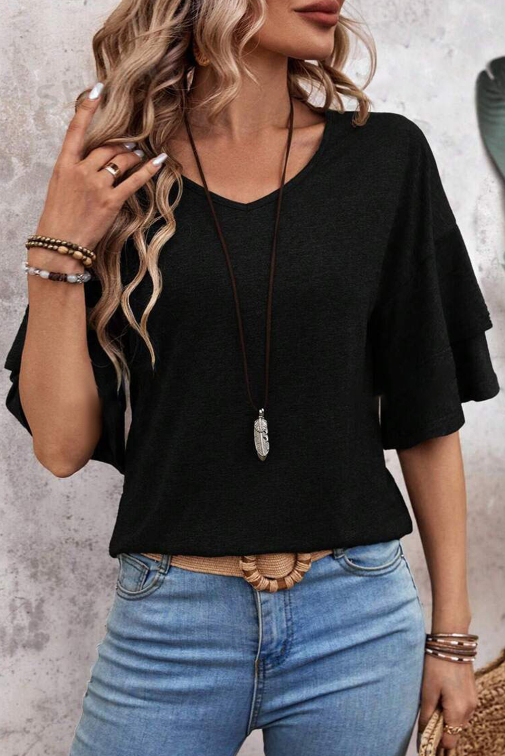 Sail Blue Solid Colour V-Neck Double Layer Sleeve Loose T-Shirt