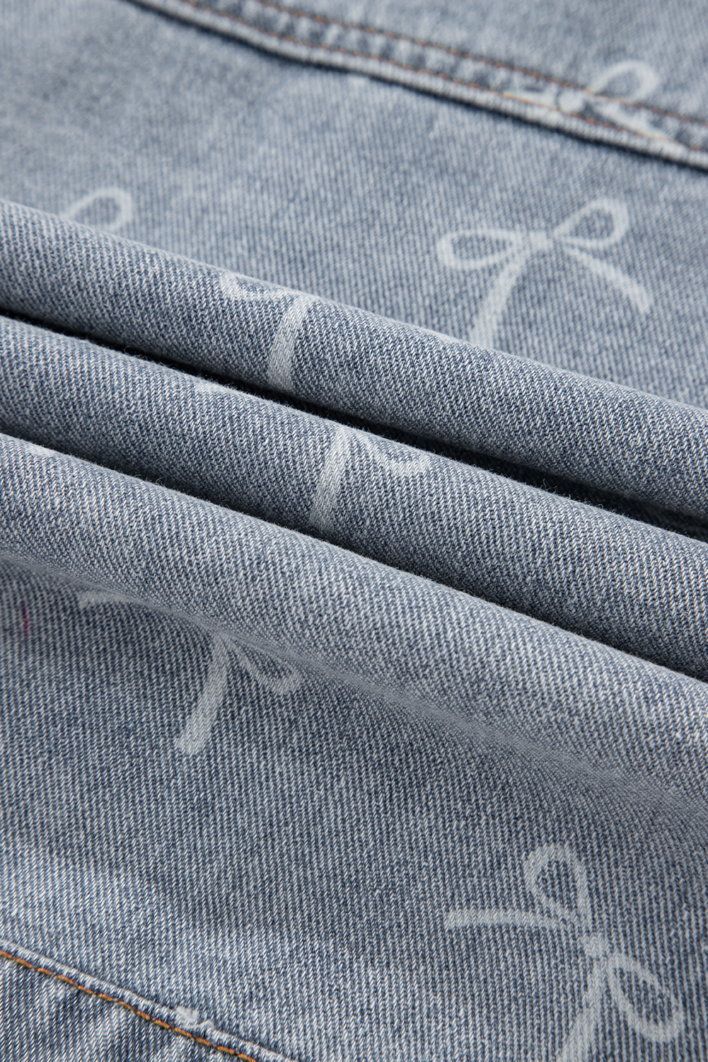 Sky Blue Bow Knot Print Light Wash Raw Hem Denim Jacket