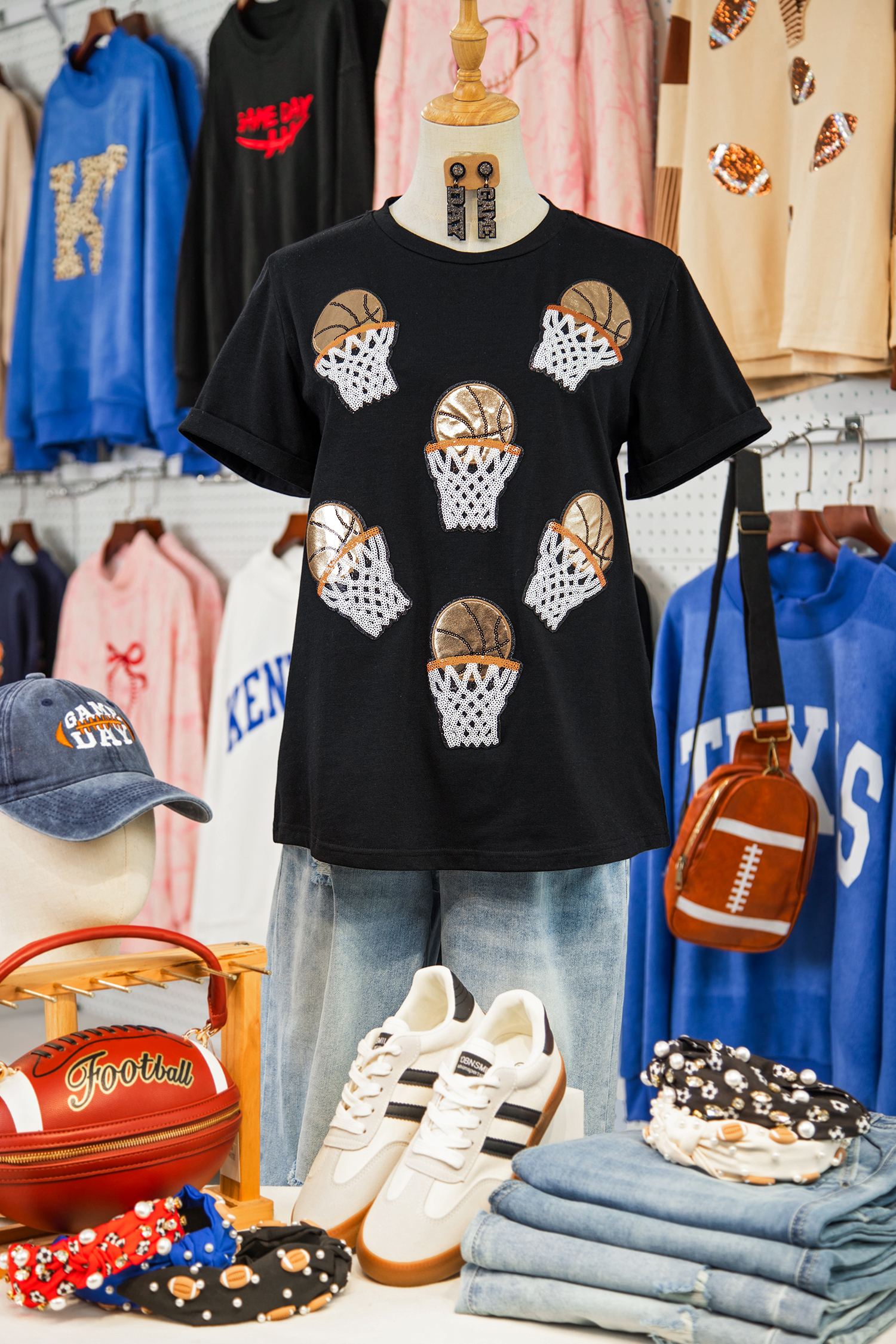 Black Sequin Basketball Patched Graphic Game Day T Shirt