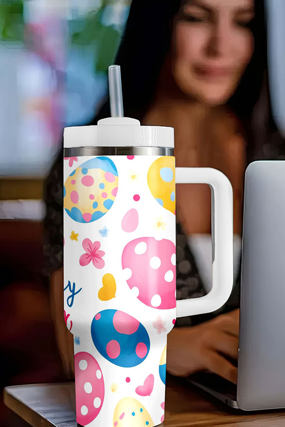 White Happy Easter Bunny Eggs Printed Thermal Tumbler