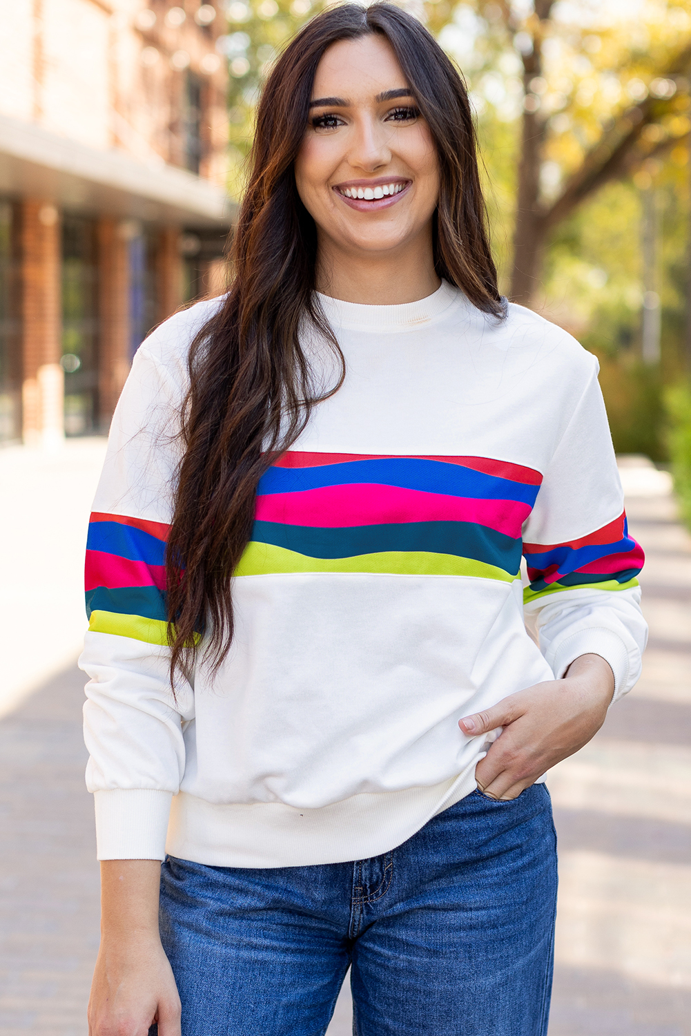 White Plus Size Colorful Striped Drop Shoulder Loose Sweatshirt